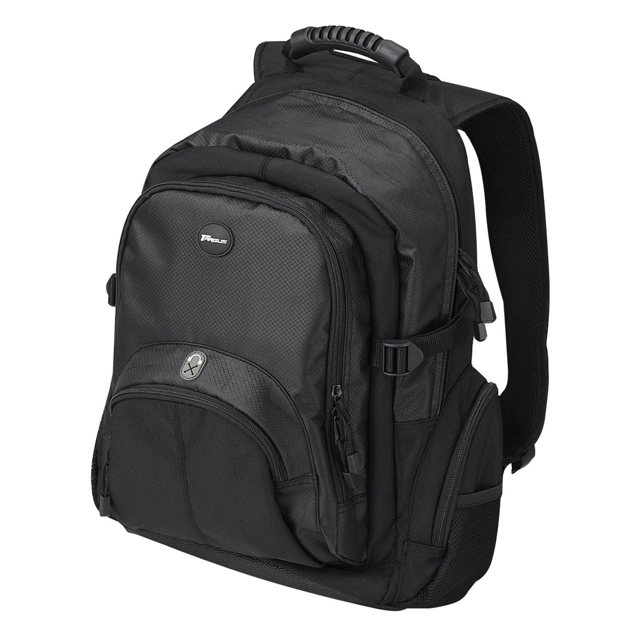 Zaino nero Targus con fronte strutturato, scomparti con zip multipli e robusta maniglia.