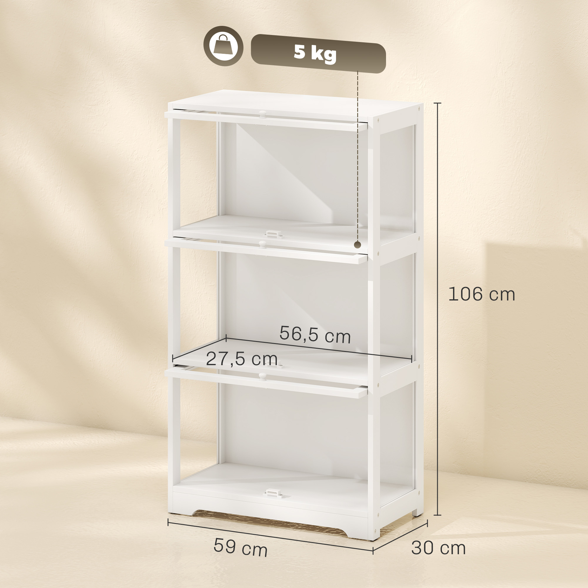 Estantería blanca de tres niveles con dimensiones y límites de peso ante una pared.