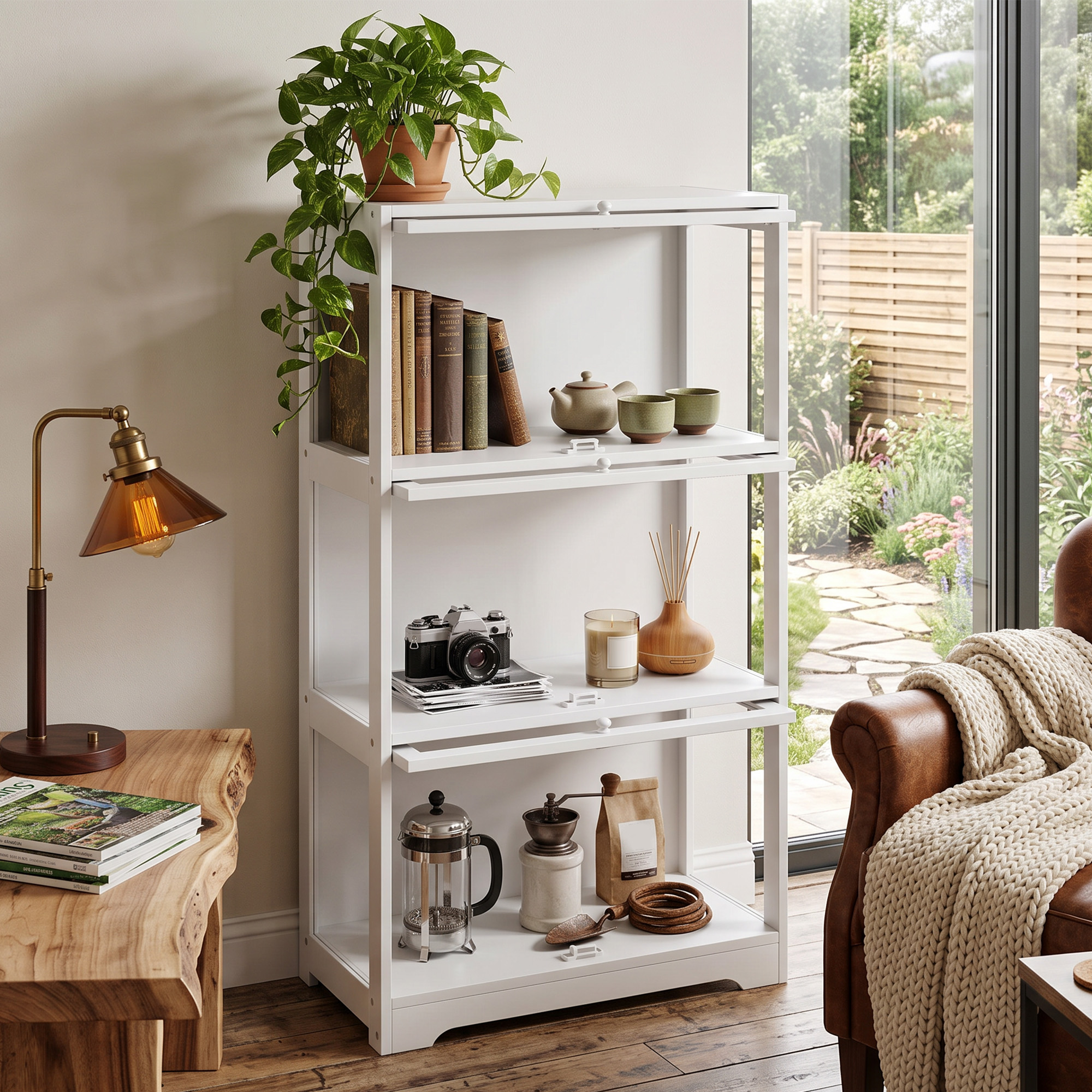 Una estantería blanca con libros y decoración, junto a una lámpara y un sillón con manta.
