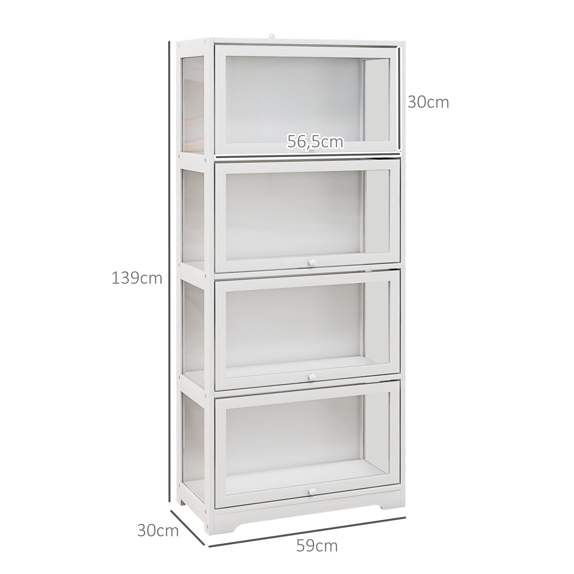 Librería blanca de cuatro niveles con puertas de vidrio y medidas.