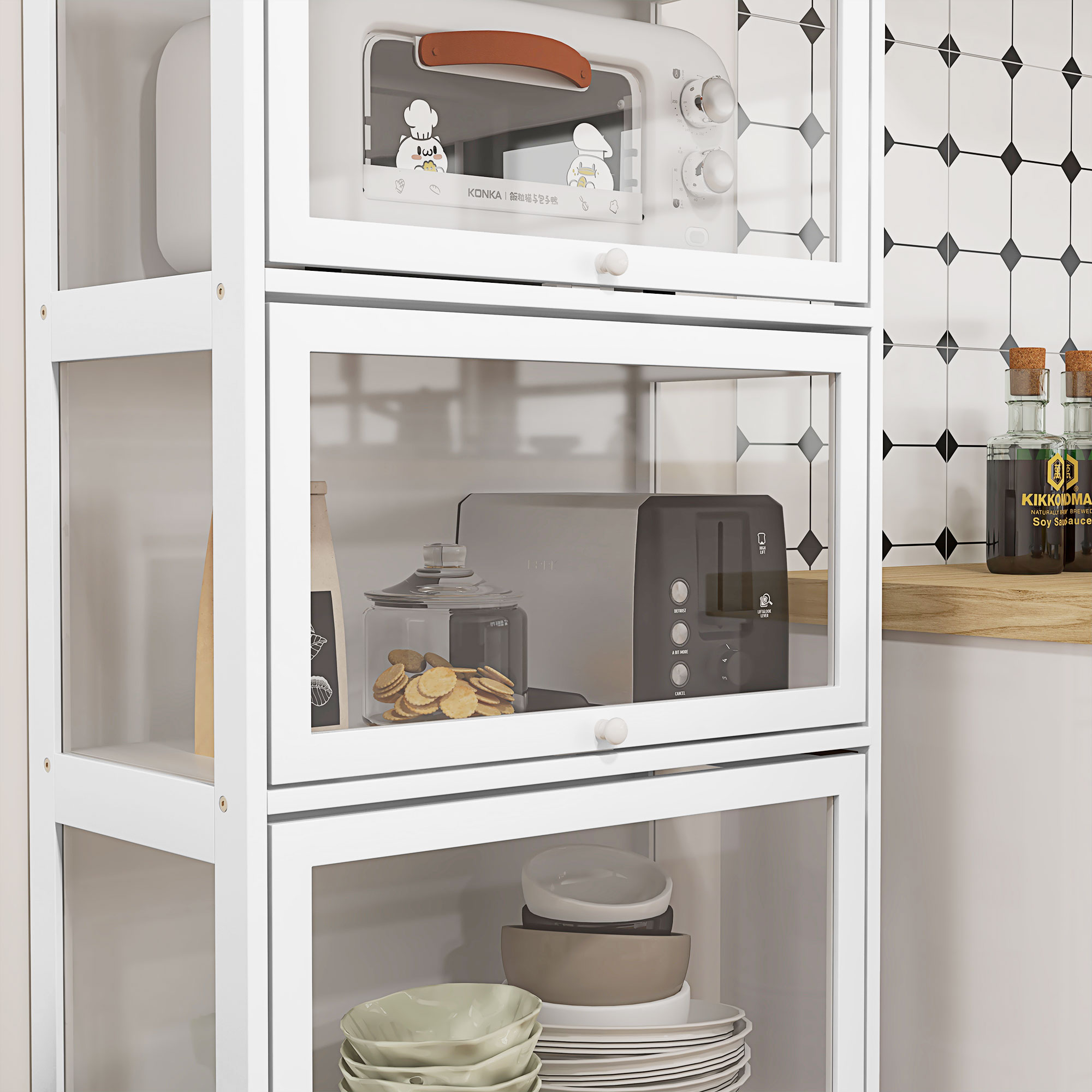 Armario de cocina blanco con puertas de vidrio, horno, tostadora y vajilla.