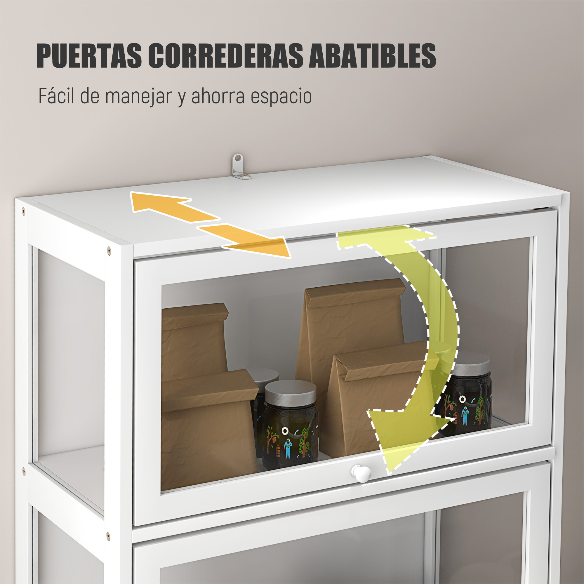 Un armario de vidrio blanco muestra bolsas de papel marrón y frascos dentro, con flechas amarillas.