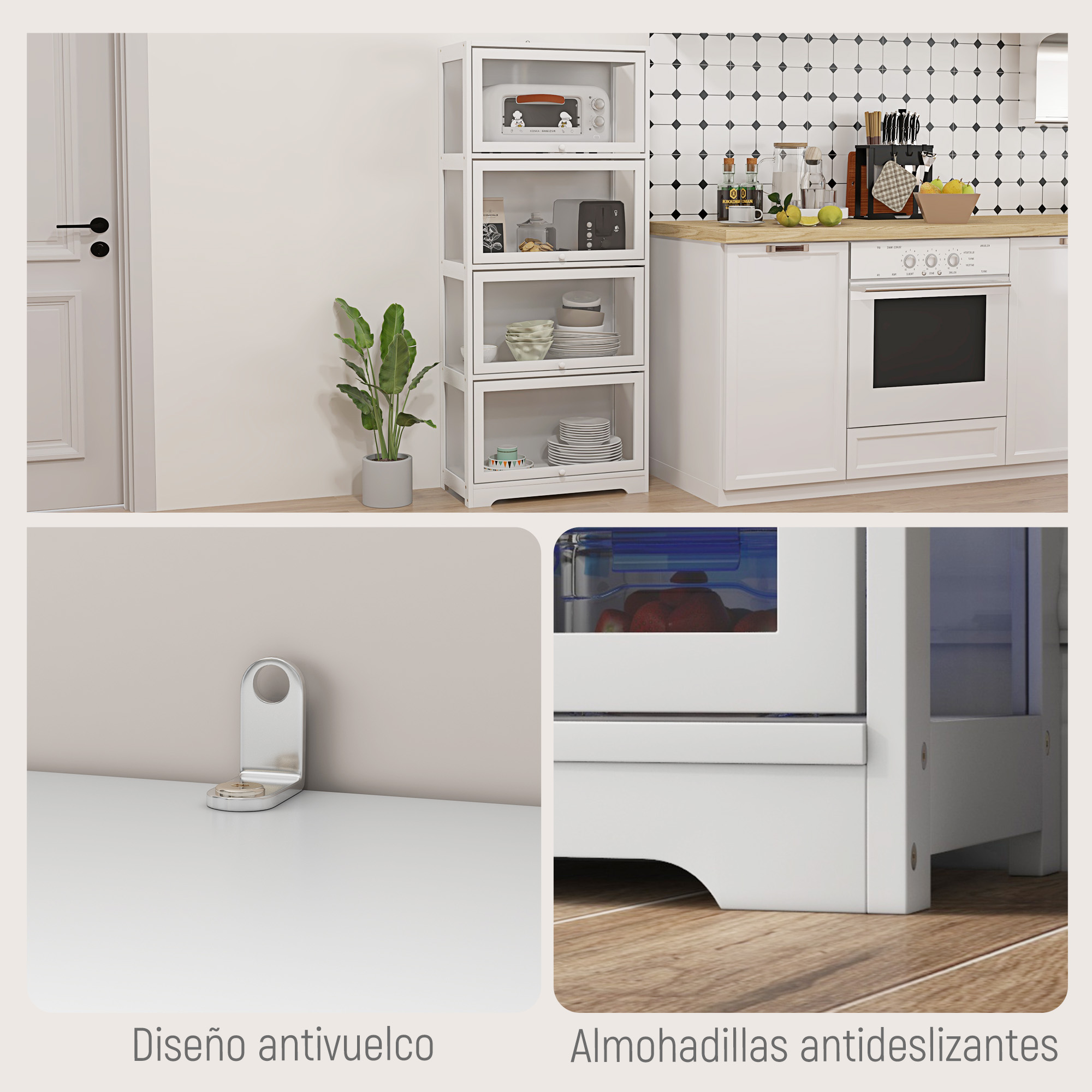 Gabinetes de cocina blancos, una despensa de vidrio, un anclaje antivuelco y almohadillas antideslizantes.