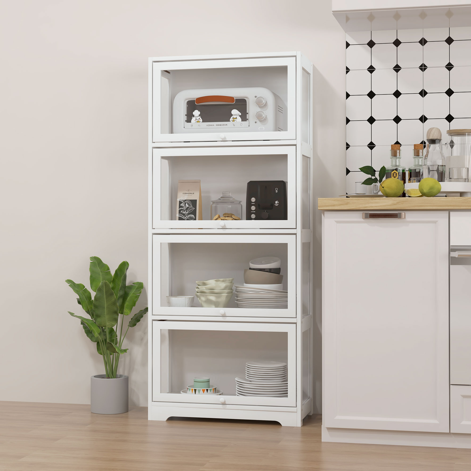 Un armario de cocina blanco de cuatro niveles con puertas de vidrio está al lado de una encimera blanca.