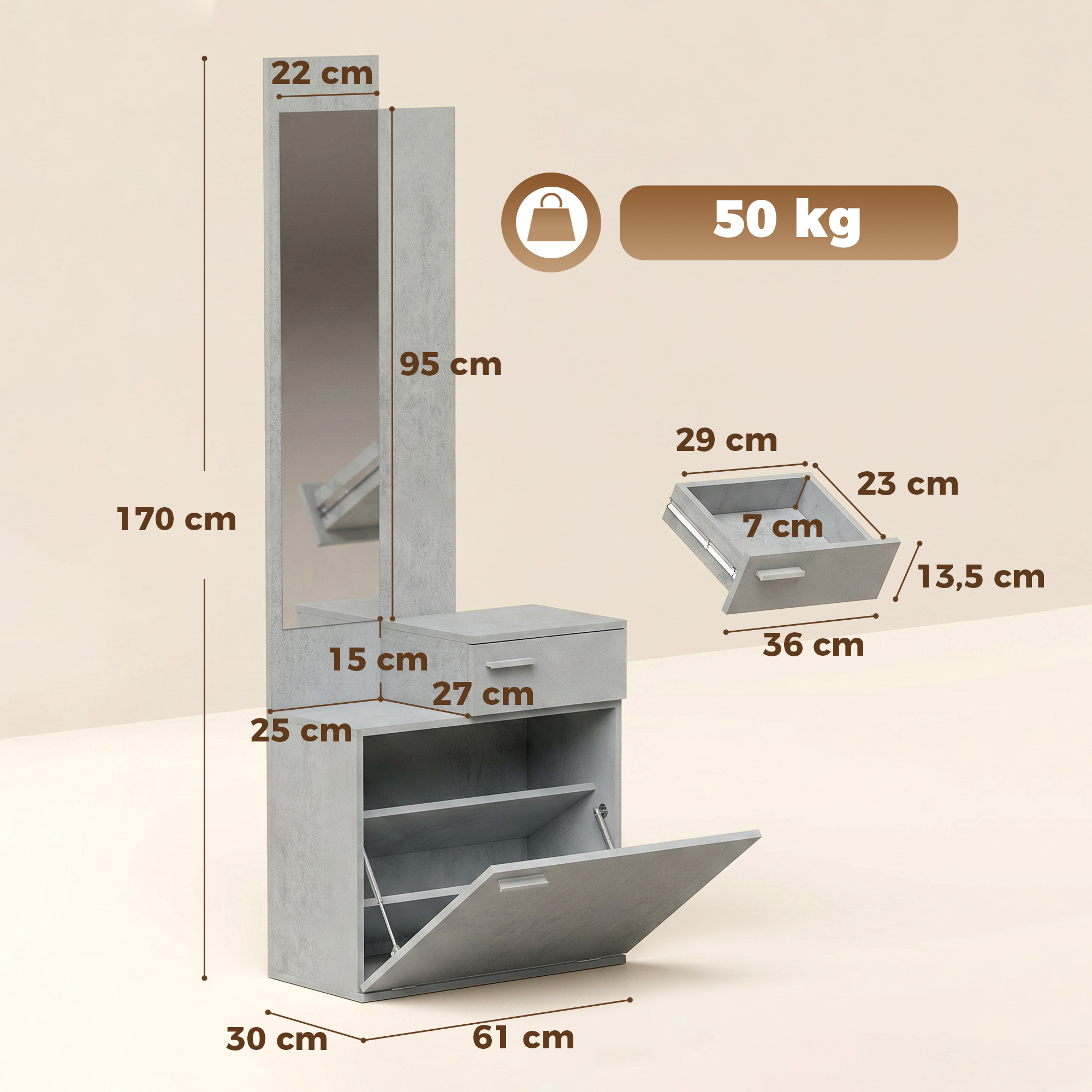 Mueble recibidor gris con espejo, cajón y zapatero abatible, con medidas indicadas.