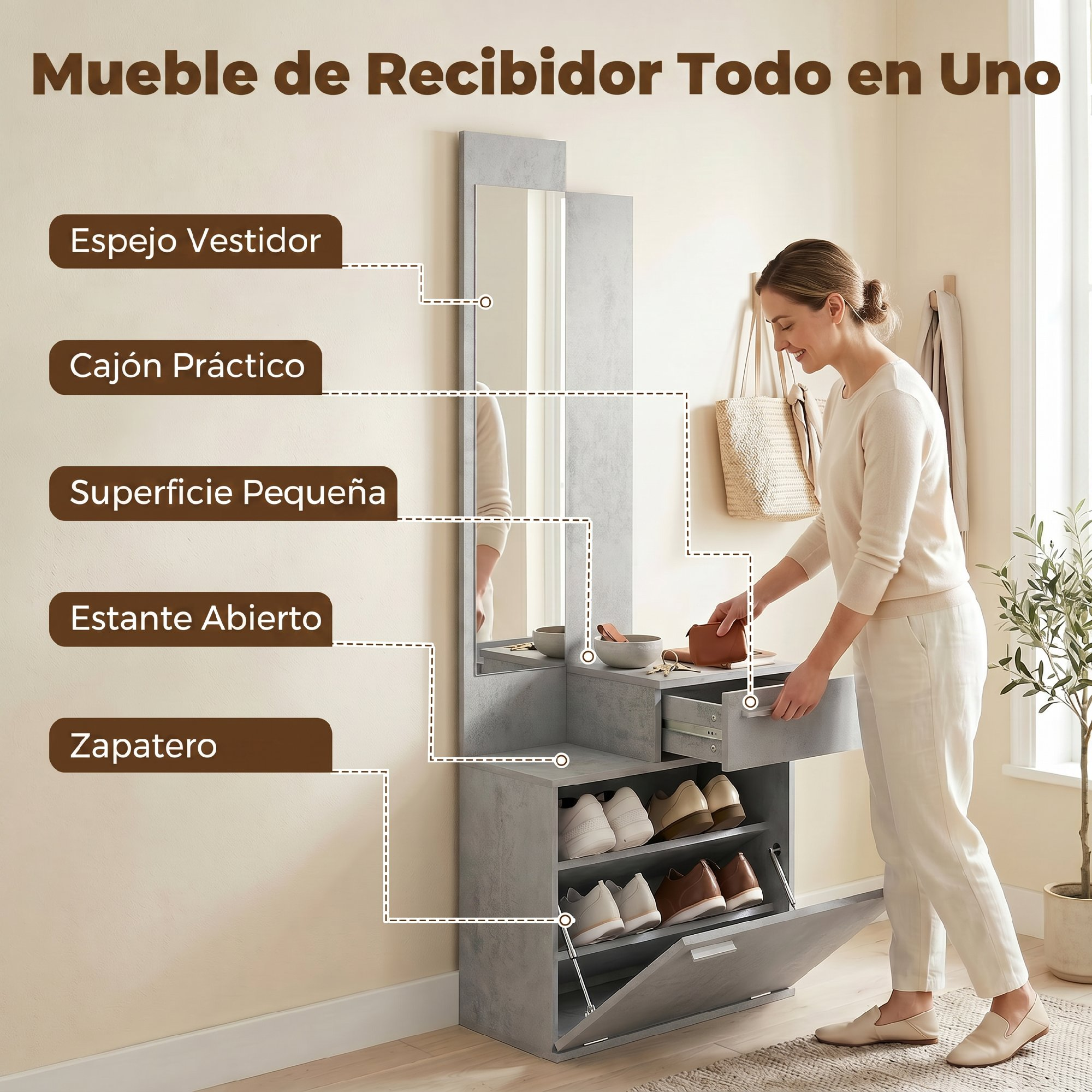 Una mujer abre el cajón de un mueble recibidor gris moderno con espejo y zapatero, con etiquetas indicando las partes.