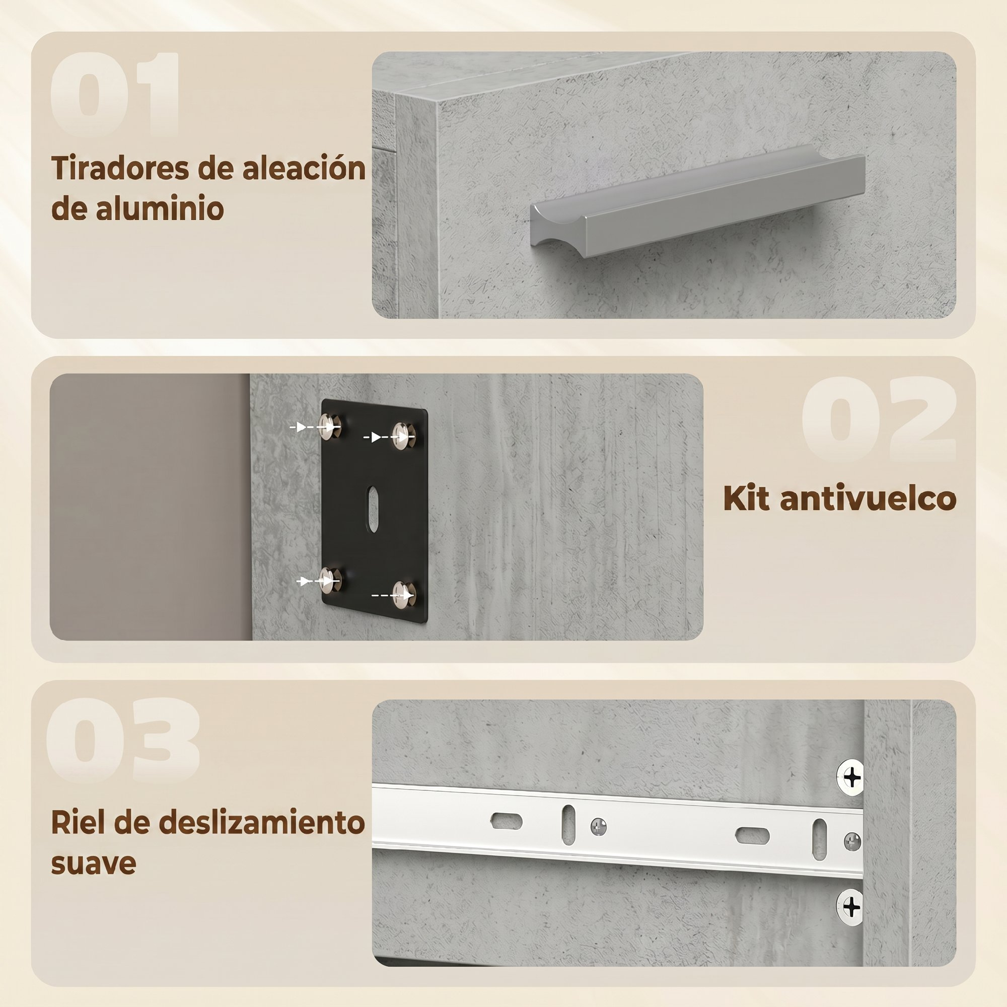 Tres paneles que muestran tiradores de aluminio, un kit antivuelco y un riel deslizante en muebles grises.