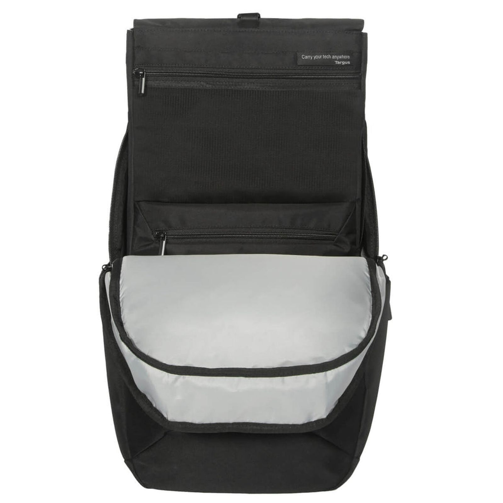 Uno zaino nero Targus aperto che mostra un ampio scomparto interno argentato e tasche con cerniera.
