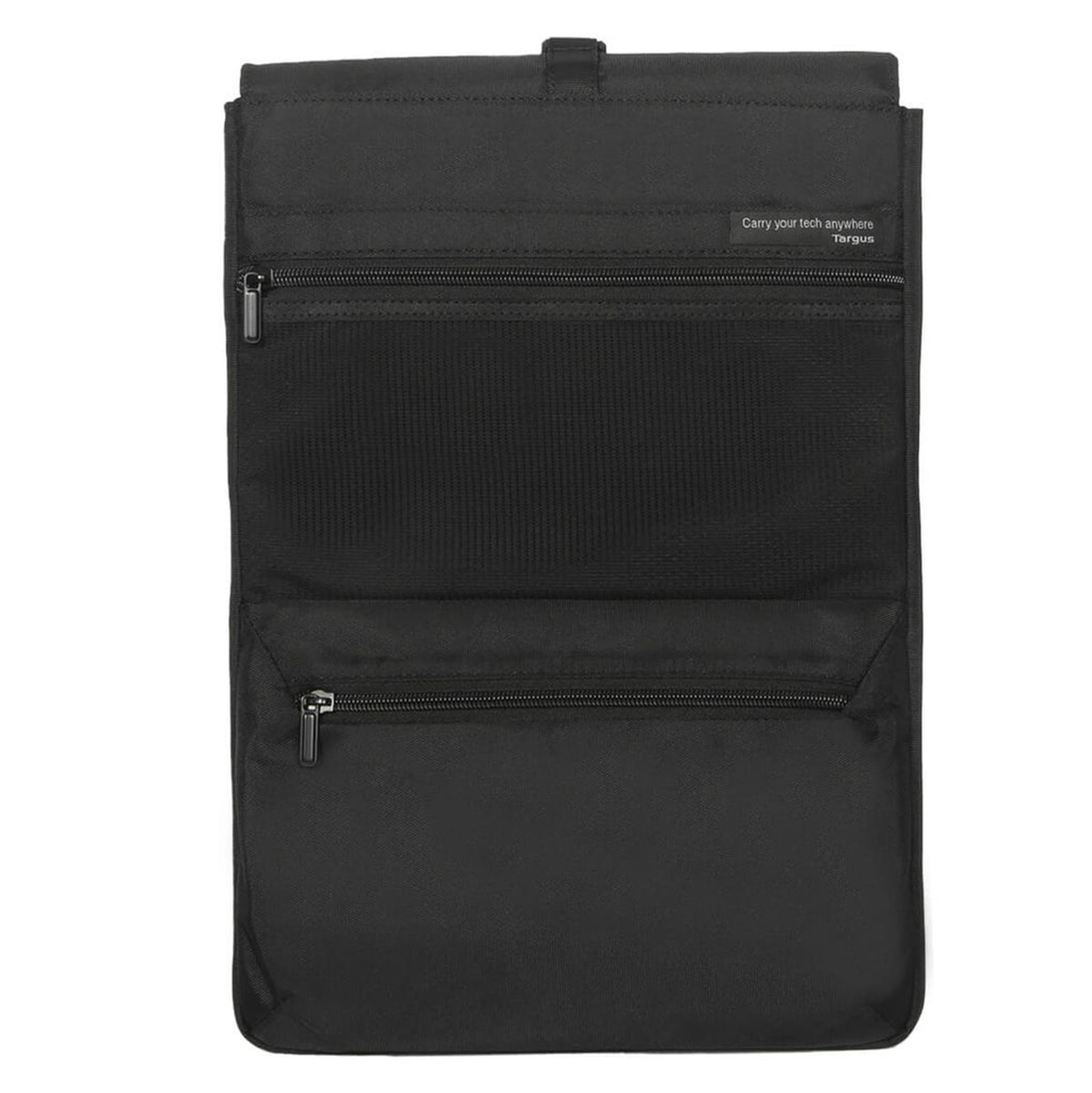 Zaino Targus nero con tasche anteriori con cerniera e logo.