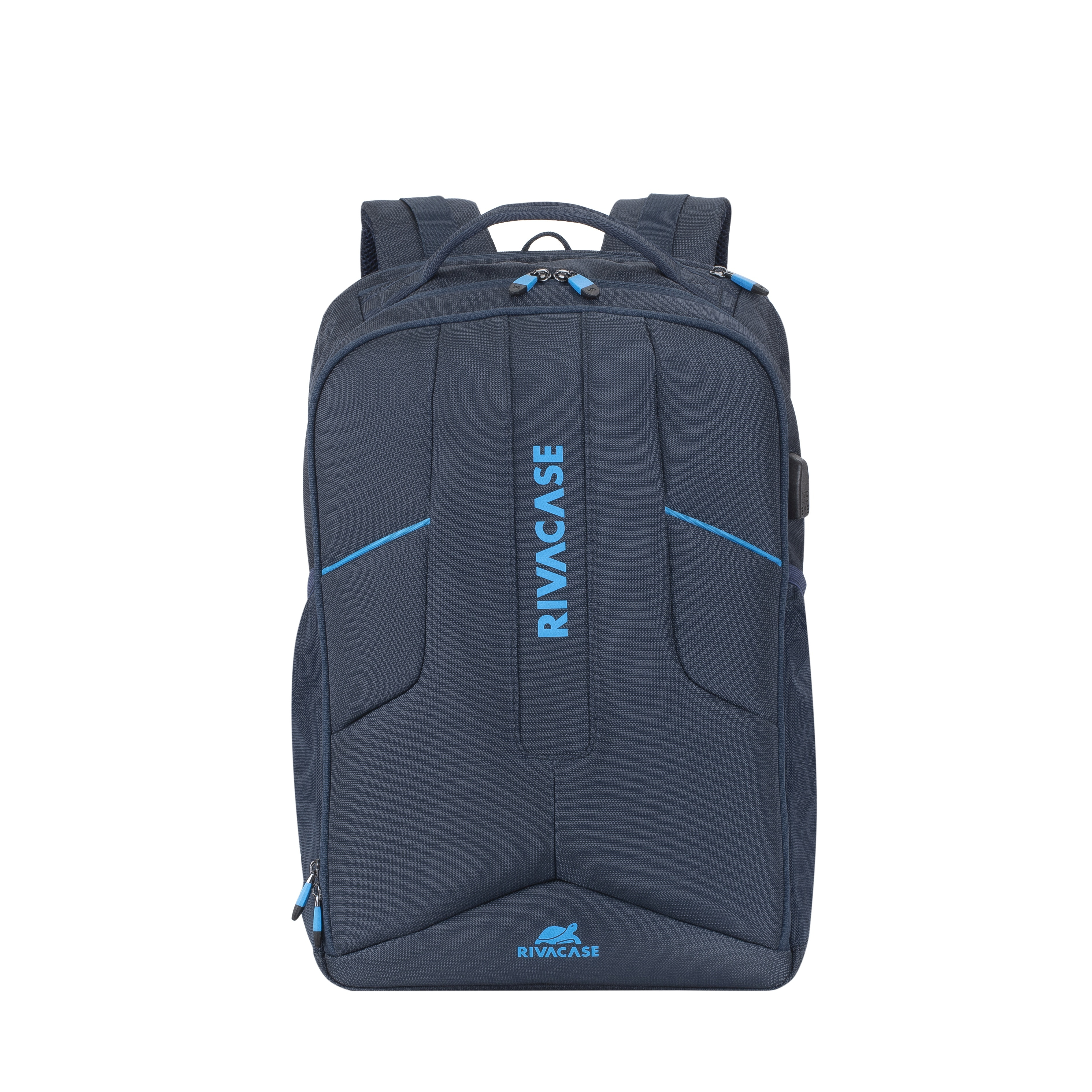 Ein dunkelgrauer Rivacase Rucksack mit blauen Akzenten und Markenlogo, auf weiß.