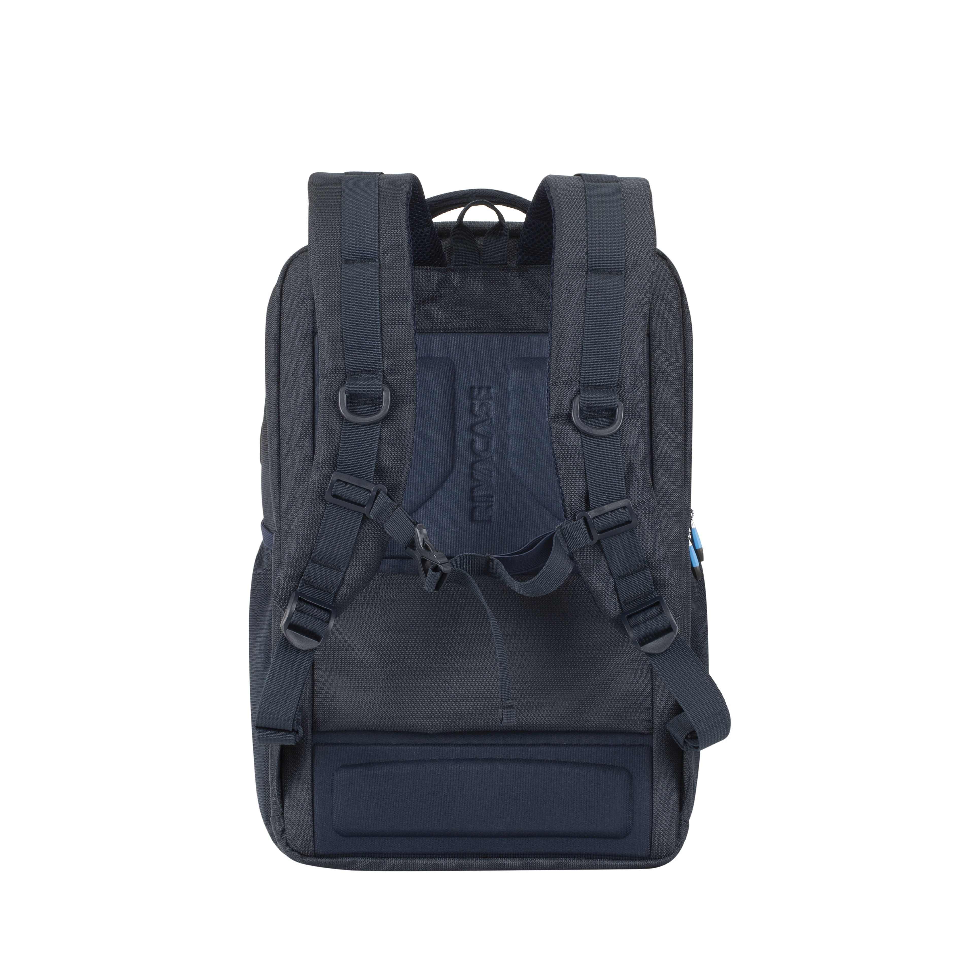 Ein blauer Rucksack mit gepolsterten Schultergurten und Rückenlehne auf weiÃŸem Hintergrund.