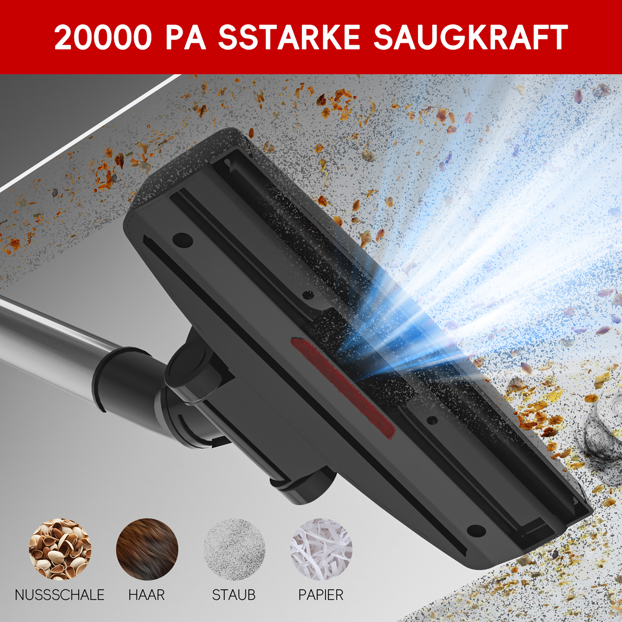 Staubsaugerdüse saugt Schmutz, Haare und Staub von einer Oberfläche.