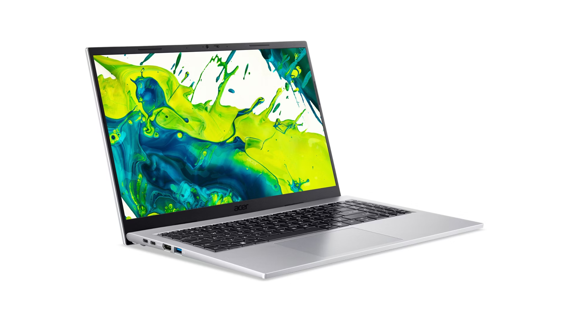 Un laptop Acer argentato aperto mostra un design astratto verde e blu sullo schermo.
