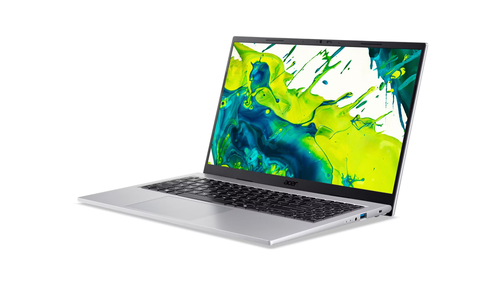 Un laptop Acer argento con tastiera nera mostra un design astratto di vernice verde e blu sullo schermo.