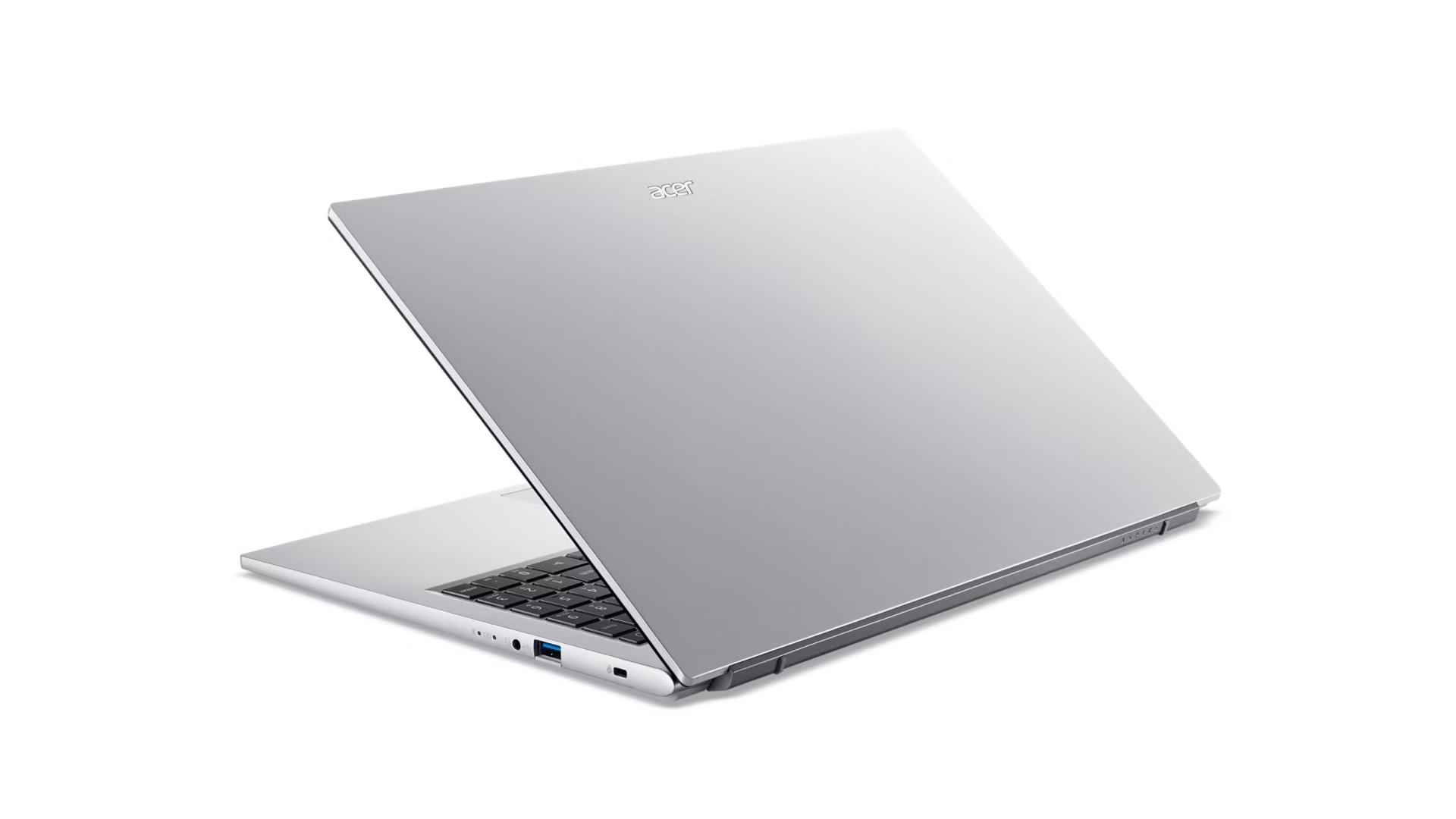 Un laptop Acer argento visto da dietro a destra su uno sfondo bianco con tastiera e porte.