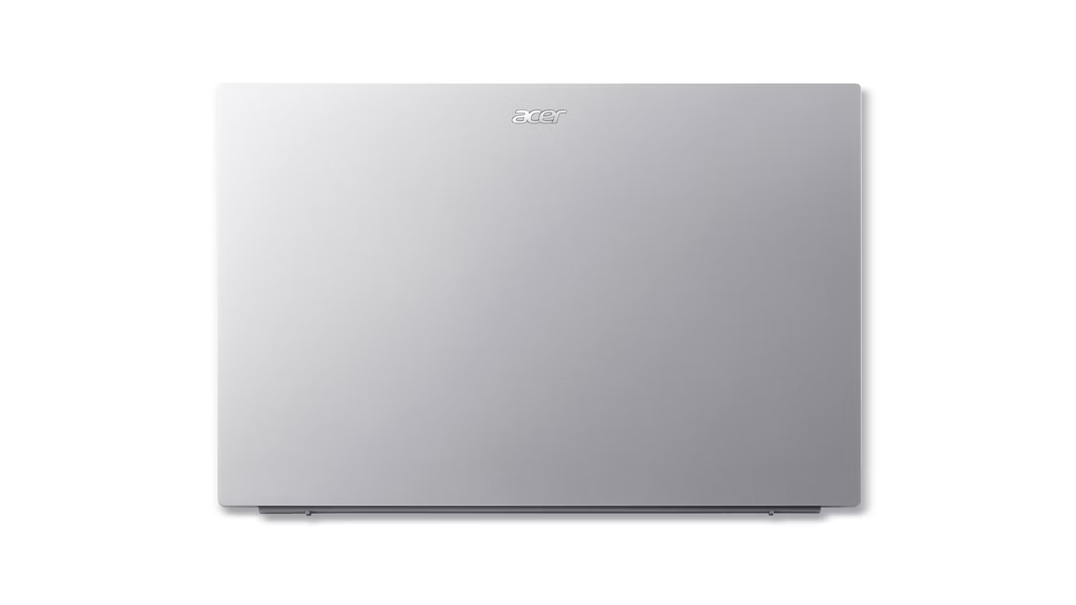 Vista dall'alto di un laptop Acer argentato chiuso su uno sfondo bianco.