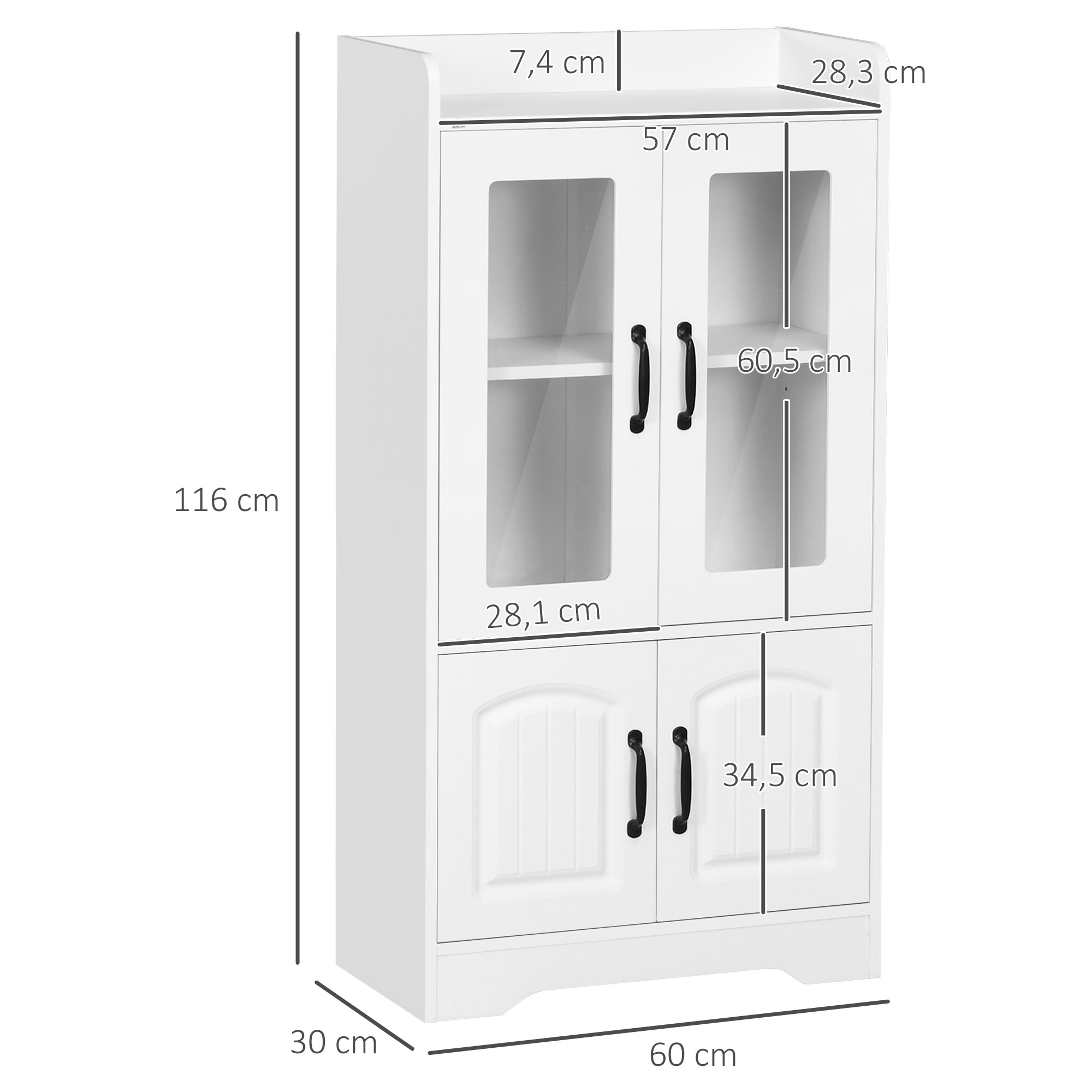 Un armario blanco con puertas de cristal arriba y puertas sólidas abajo, con líneas de cotas.