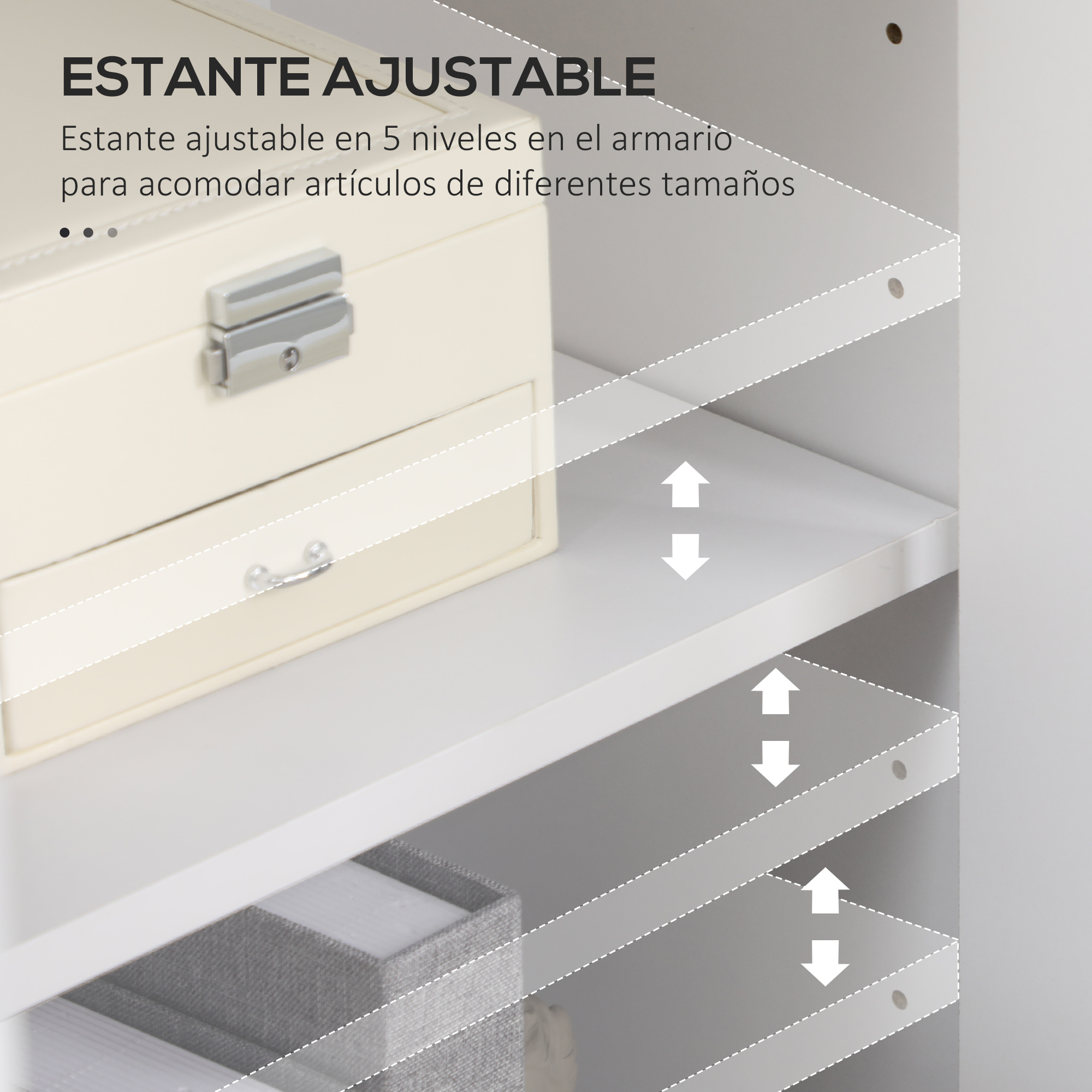 Un armario blanco con estantes ajustables que contiene un joyero crema y un contenedor gris, con flechas de altura.