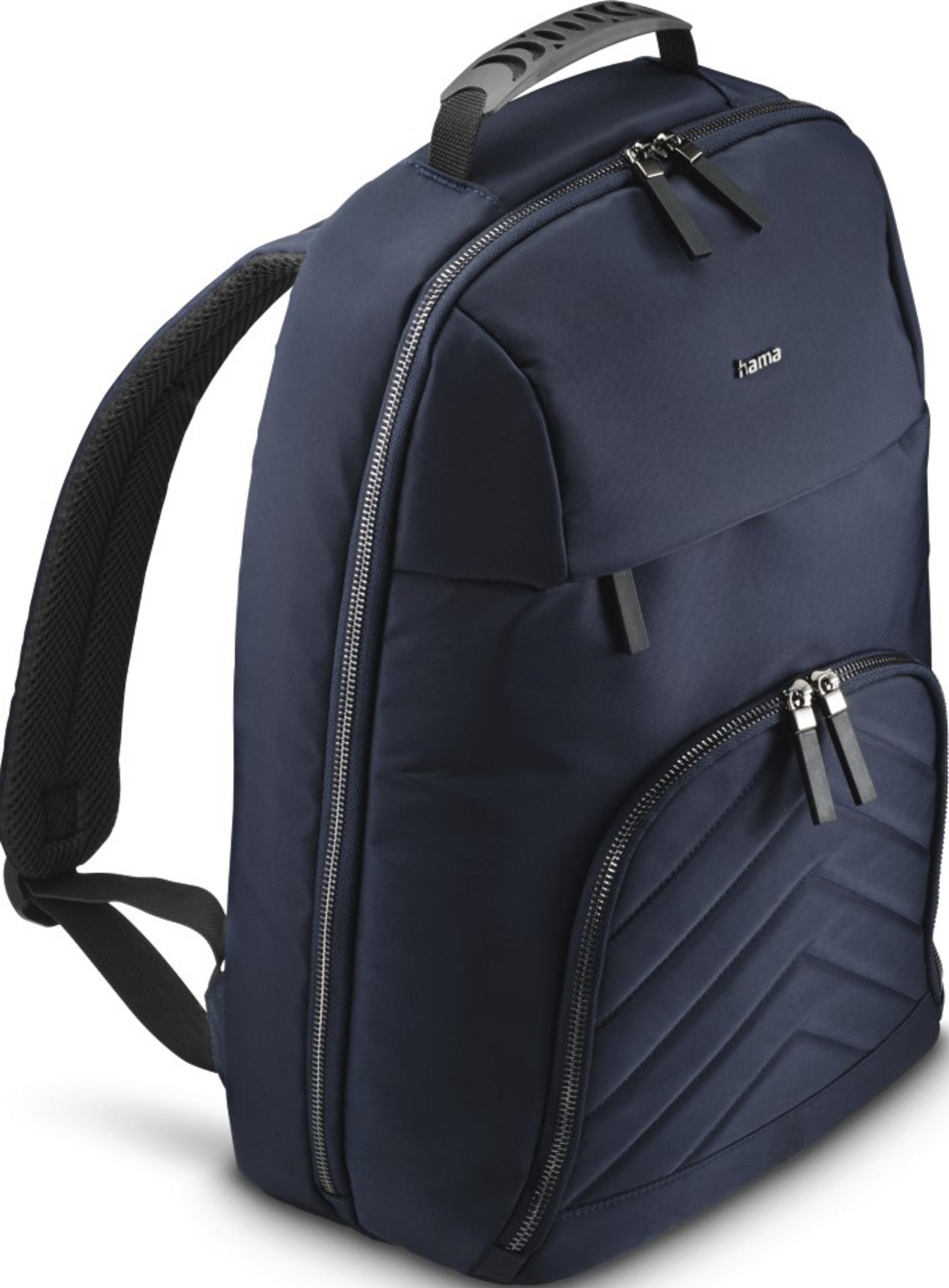 Mochila Hama azul oscura con cremalleras, correa para el hombro y asa superior sobre fondo blanco.