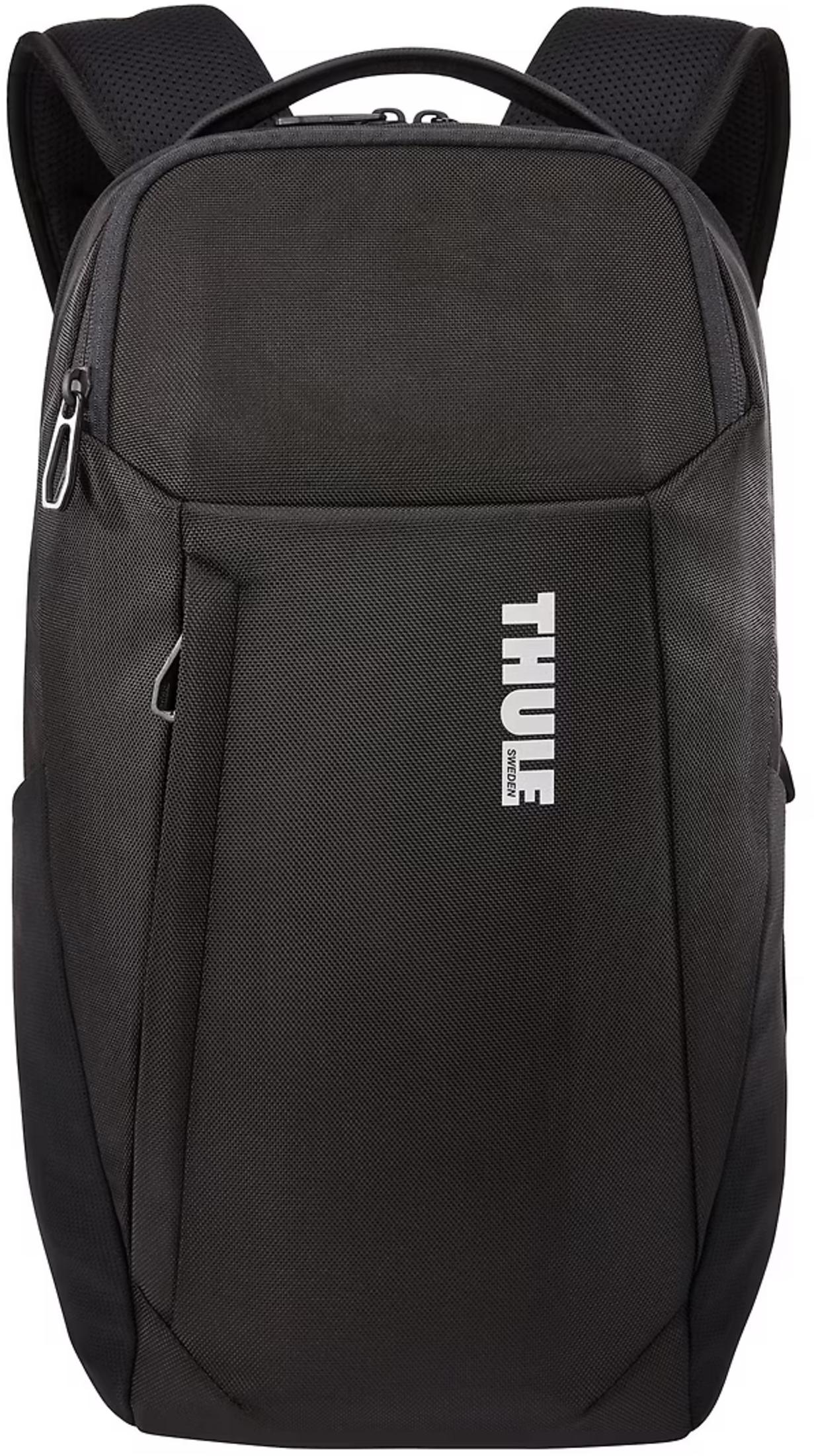 Ein schwarzer Thule-Rucksack mit vertikalem Reißverschlussfach und weißem Markenlogo auf der Vorderseite.