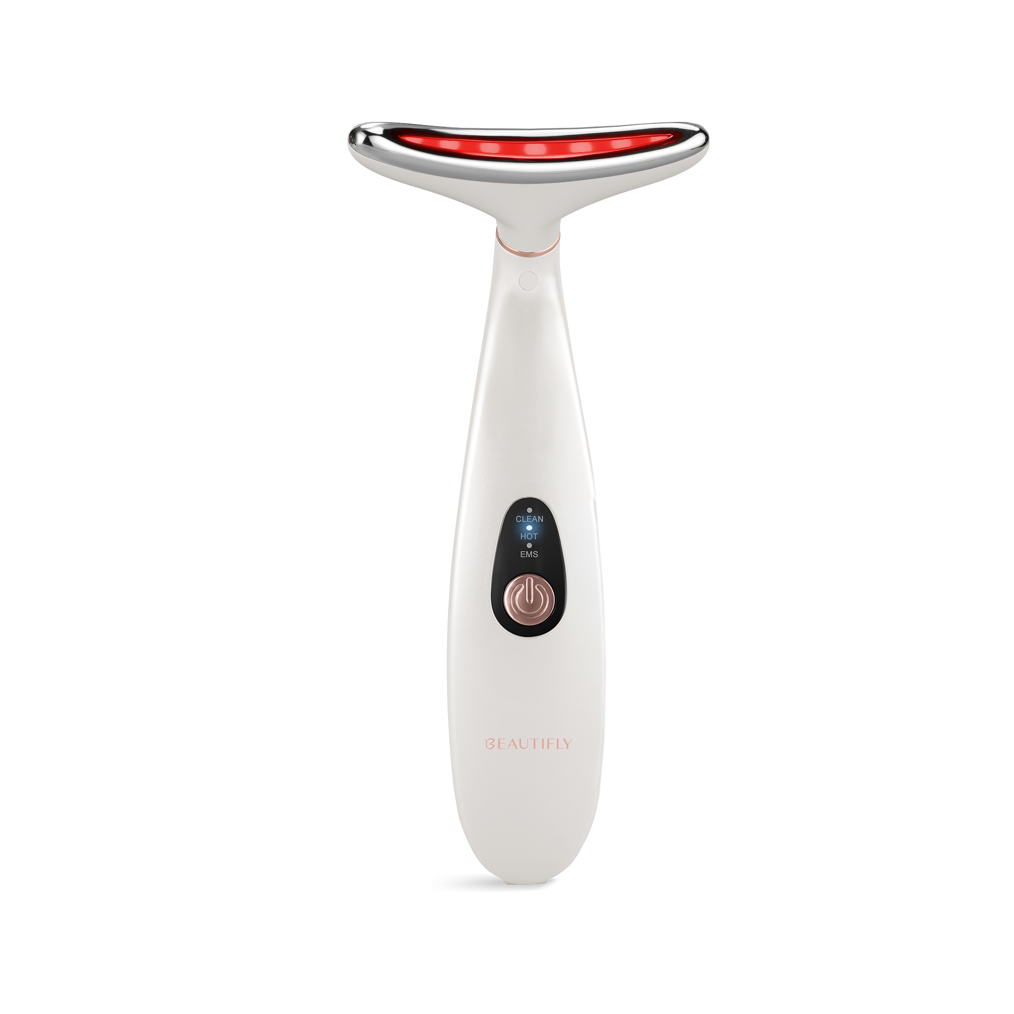 Un masajeador facial blanco y oro rosa con cabezal curvo y luz roja, aislado sobre fondo negro.