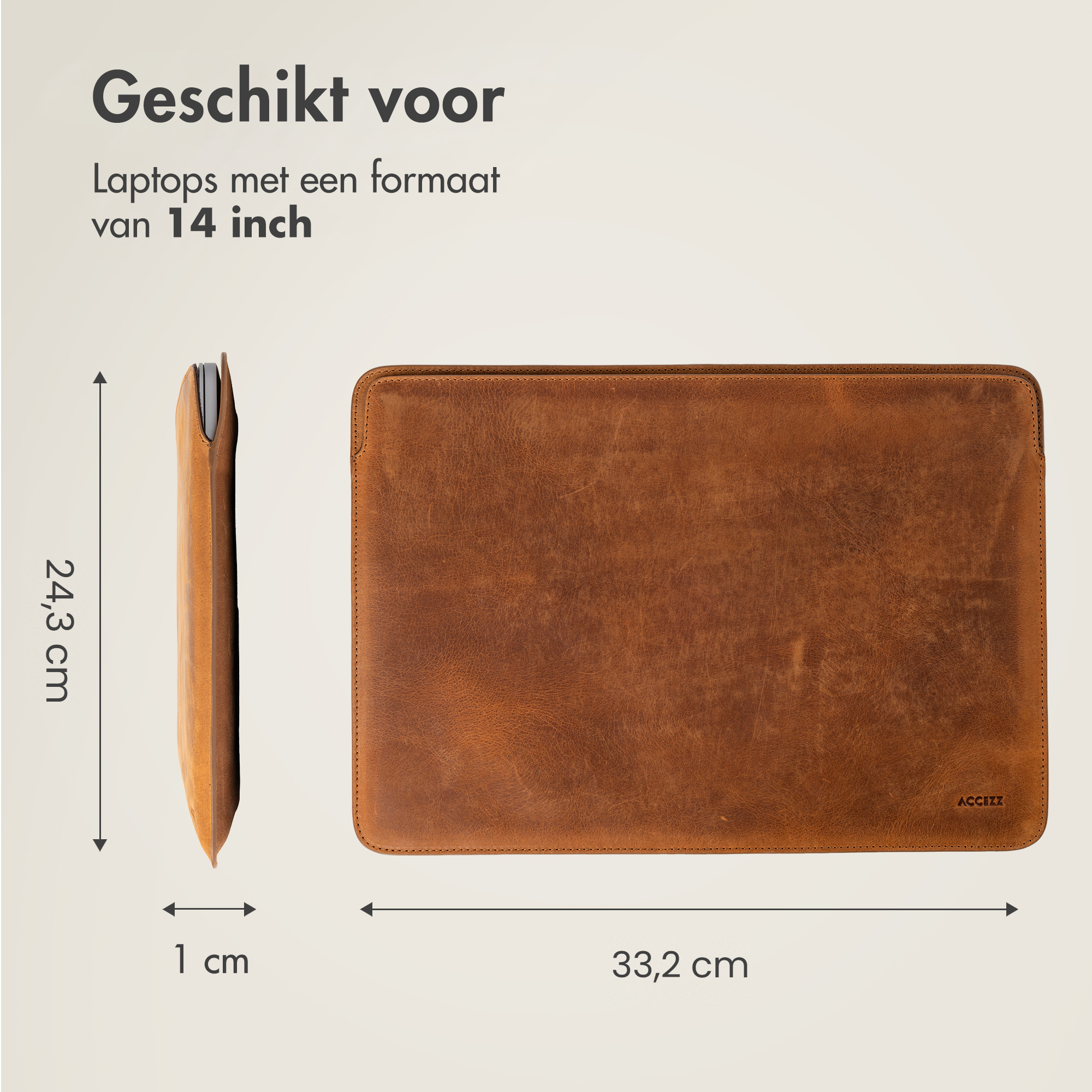 Braune Leder-Laptoptasche für 14-Zoll-Laptops mit Maßen von 33,2 x 24,3 x 1 cm.