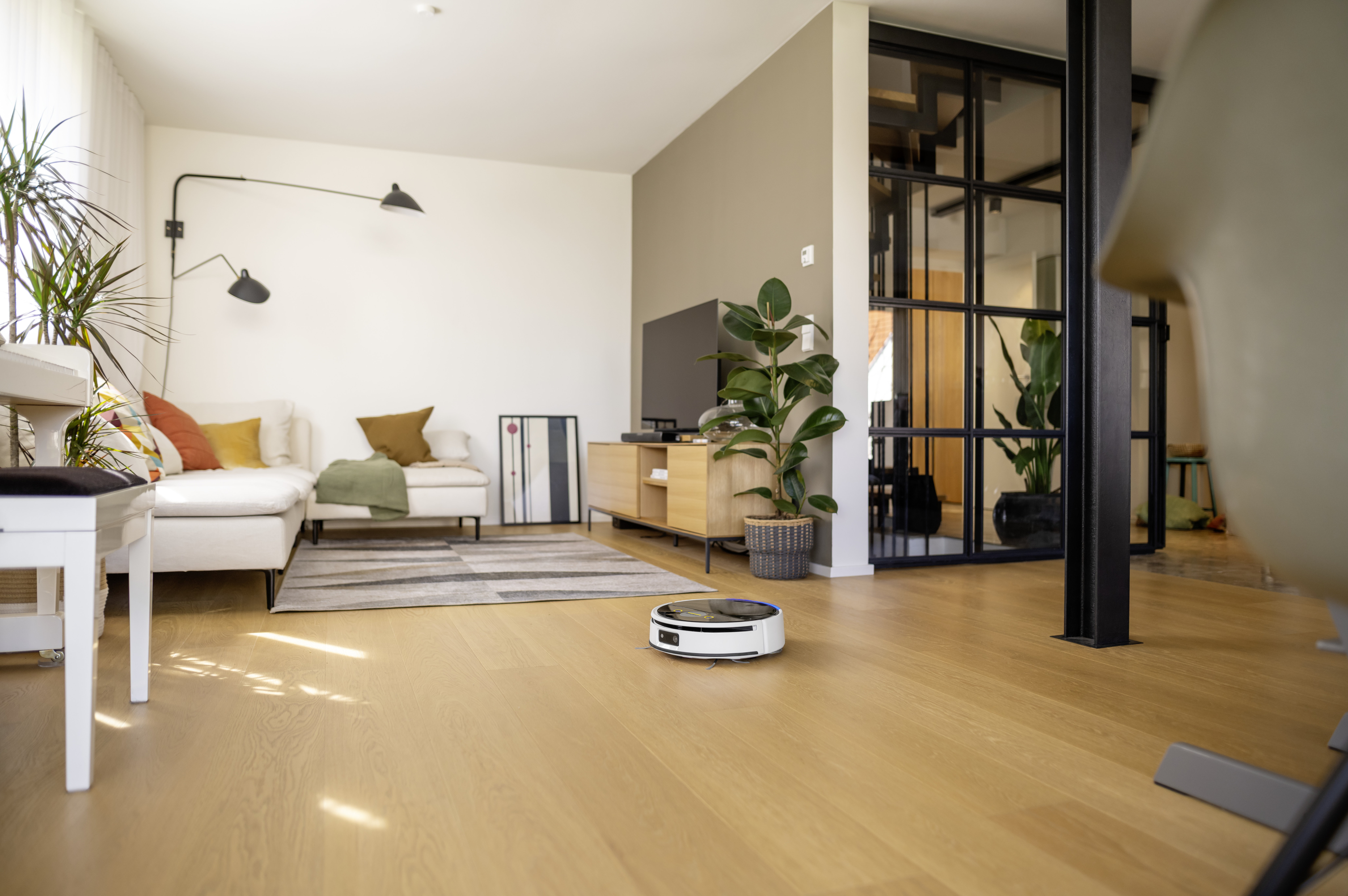 Un robot aspirapolvere bianco pulisce il pavimento in legno in un soggiorno moderno con divano e piante.