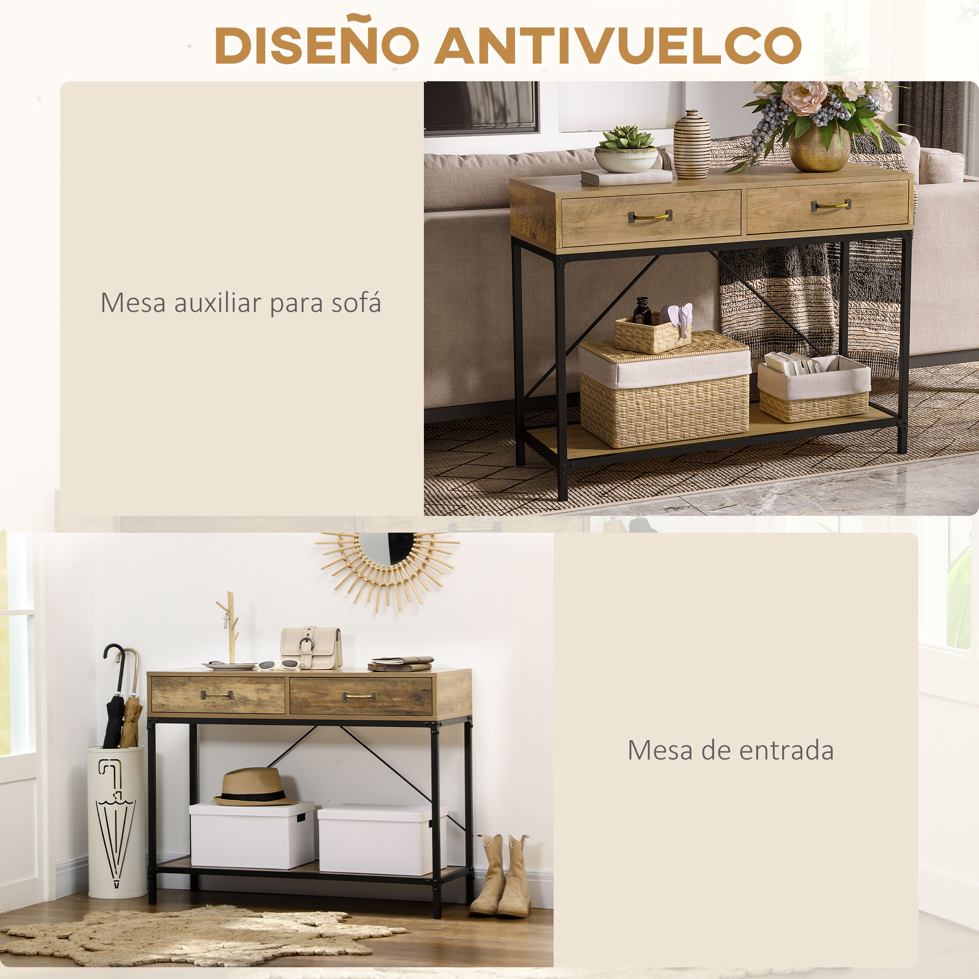 Una mesa consola de madera con patas de metal negro, usada como mesa de sofá y recibidor en dos escenas.