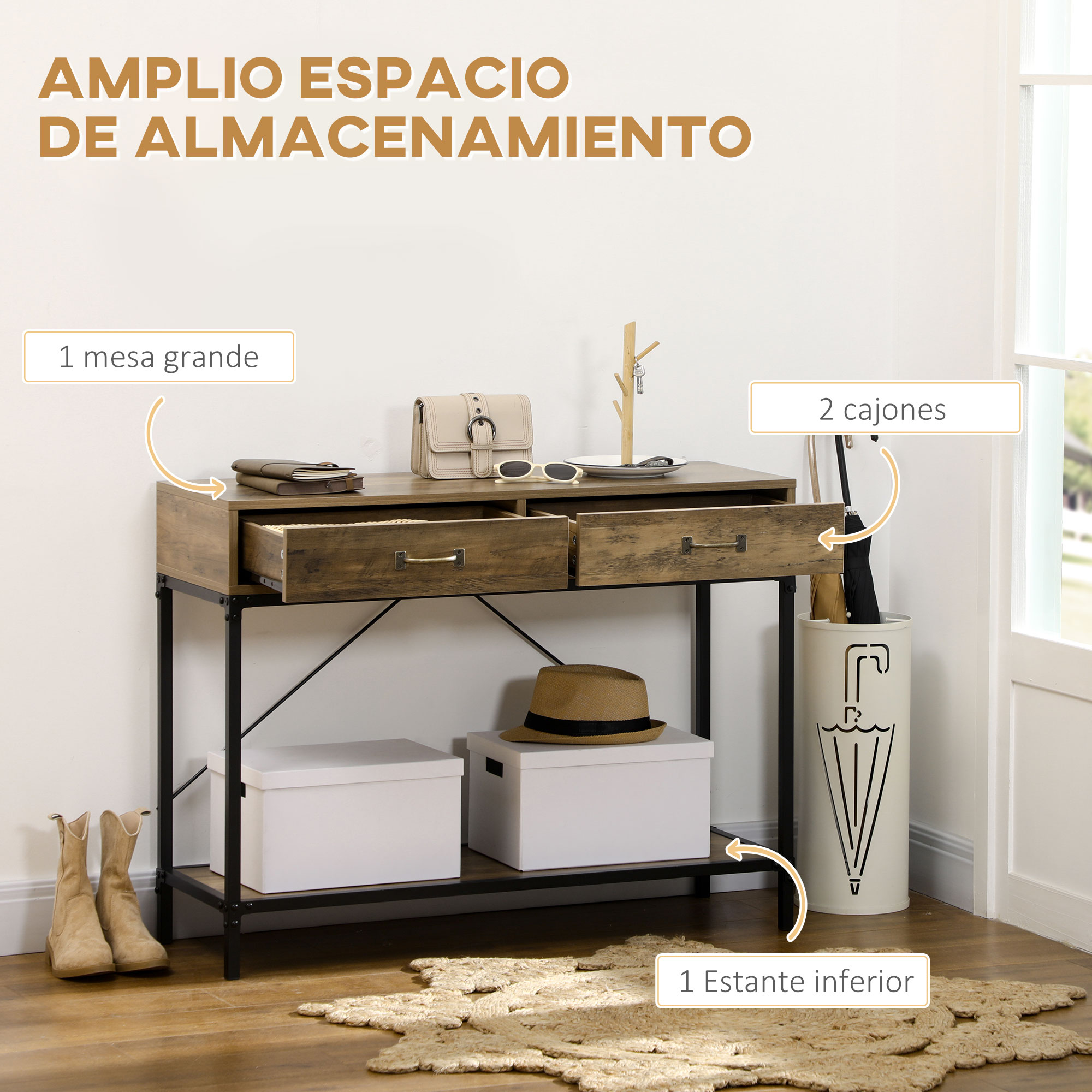 Mesa consola de madera con estructura de metal negro, dos cajones abiertos, estante inferior, cajas y decoración.