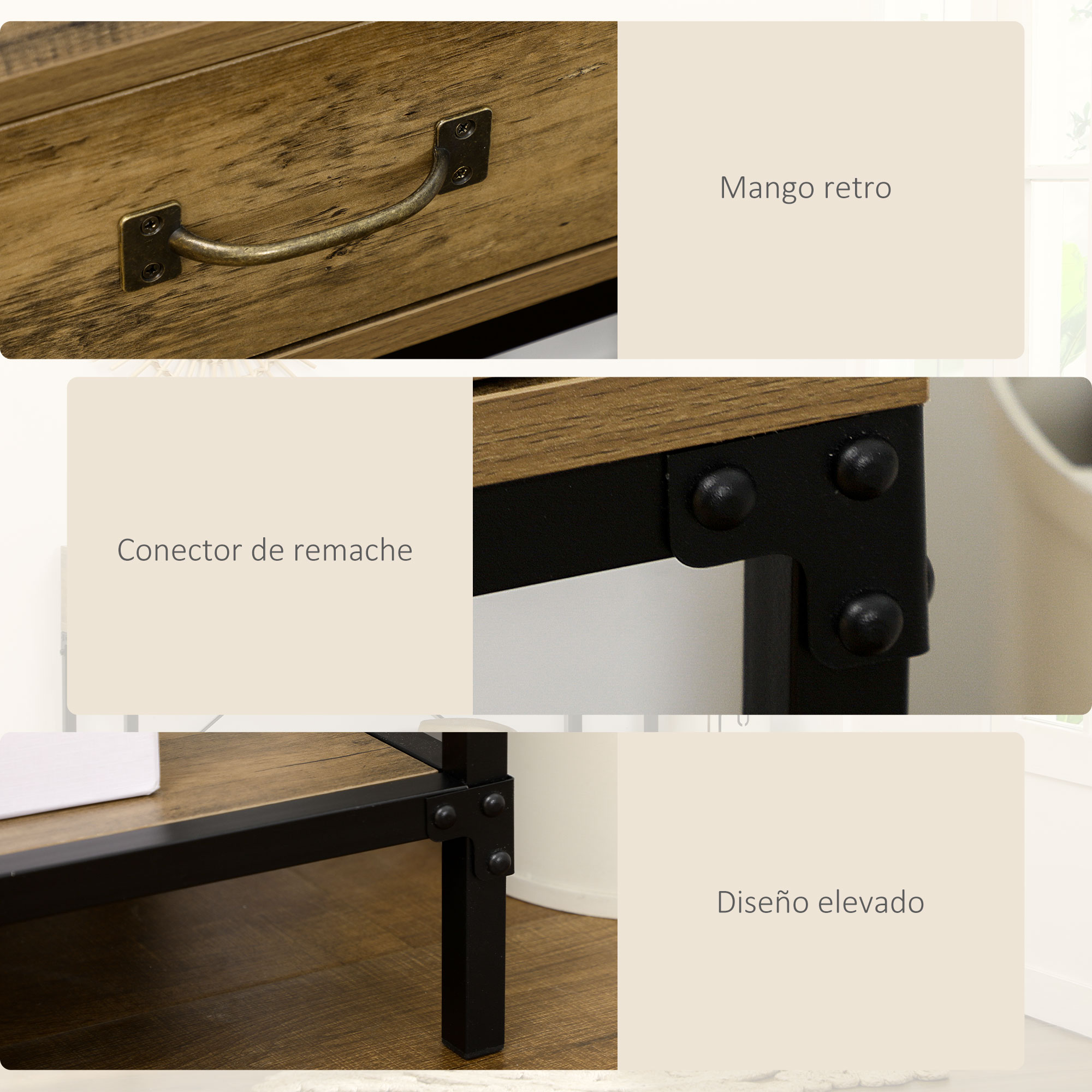 Tres fotos de detalle de muebles de madera que muestran tirador retro, uniones metálicas remachadas y patas elevadas.