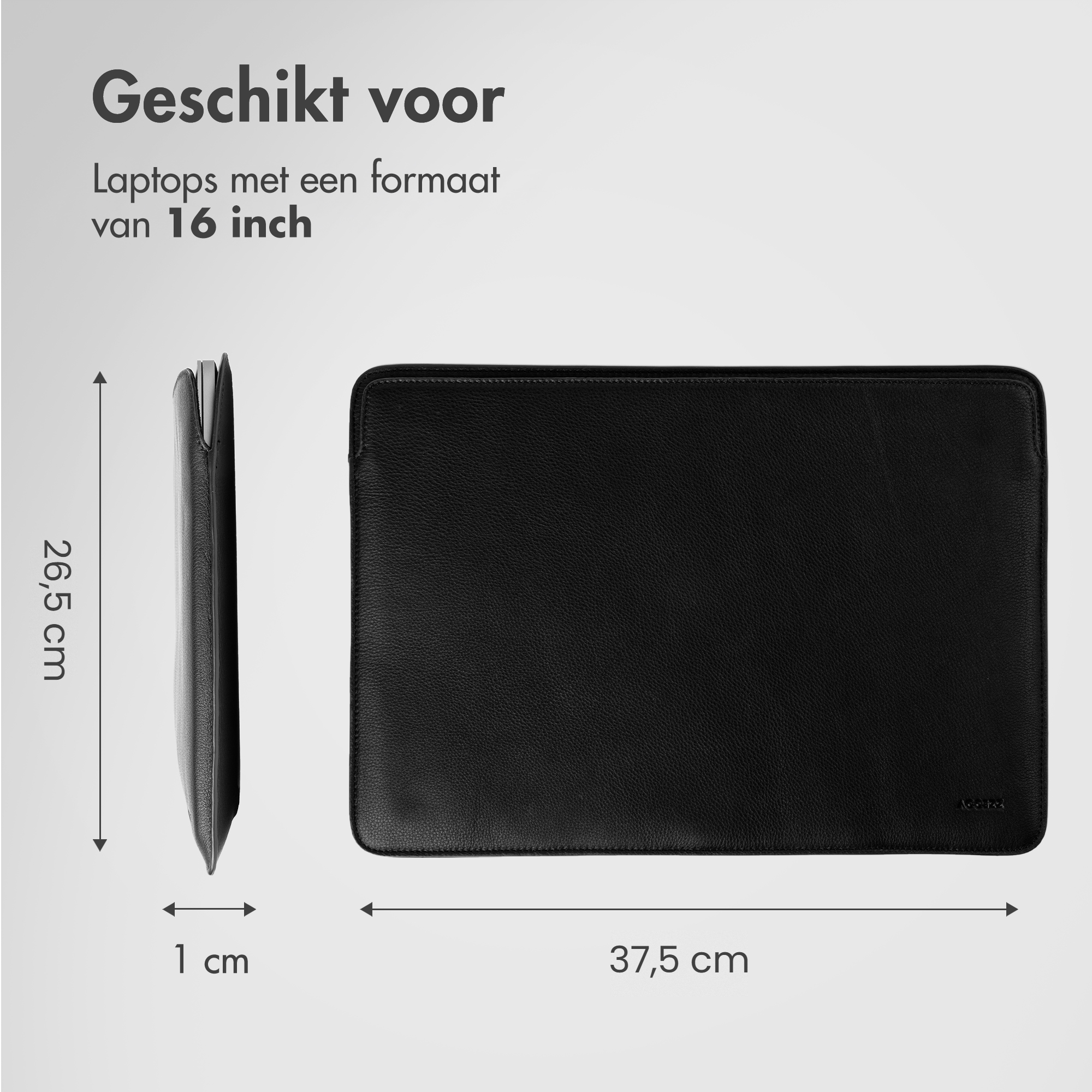 Eine schwarze Laptoptasche aus Leder für 16-Zoll-Laptops mit Maßen von 37,5 cm Breite, 26,5 cm Höhe und 1 cm Dicke.