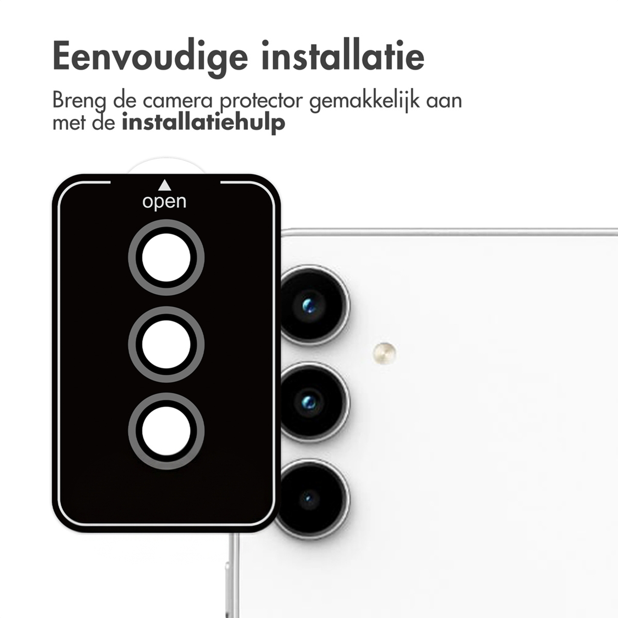 Easy installation: A black camera protector is being applied to the camera of a white smartphone.