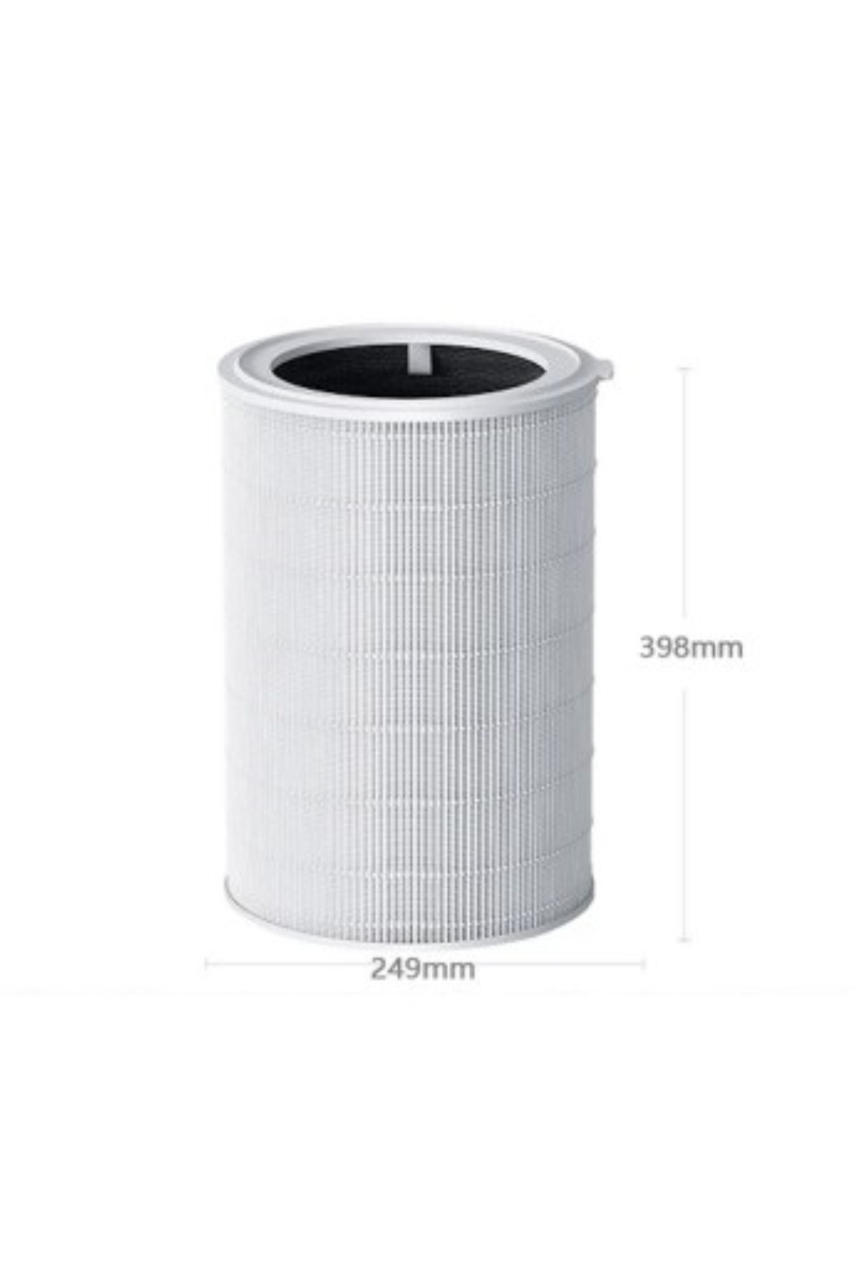 398 mm yükseklik ve 249 mm genişlik ölçülerine sahip silindirik beyaz hava temizleyici filtresi.