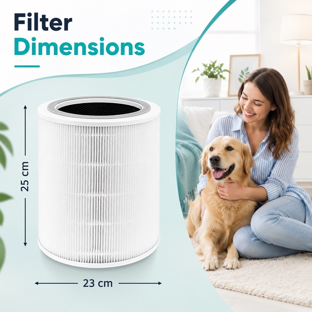 25 cm yüksekliğinde ve 23 cm genişliğinde silindirik bir filtreyi köpeği olan bir kadınla gösteren şema.
