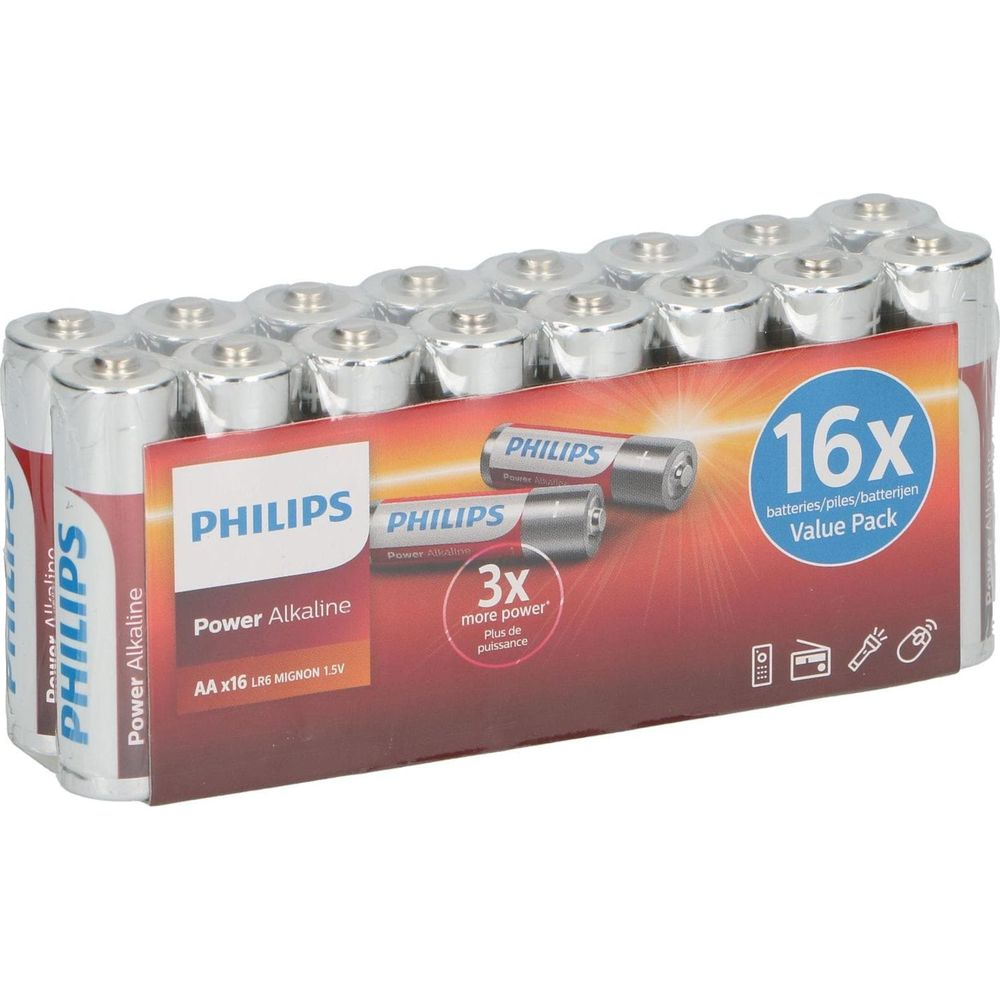 A pack of 16 Philips Power Alkaline AA batteries wrapped in plastic film.