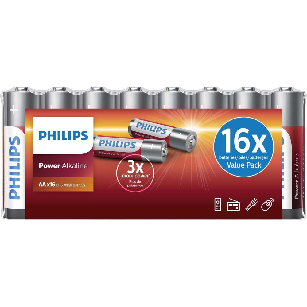 Philips Power Alkaline AA batteries, 16x value pack in red packaging.