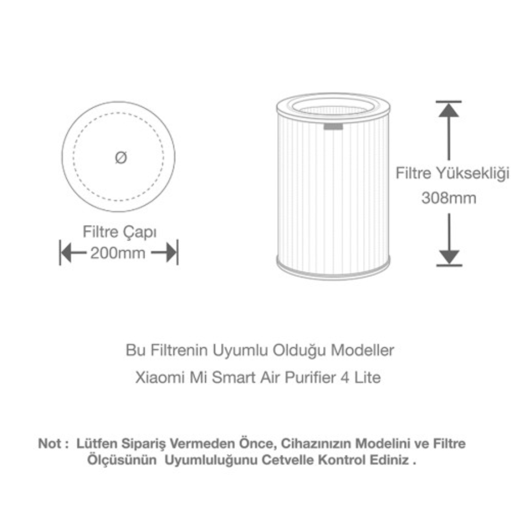 Xiaomi Mi Smart Air Purifier 4 Lite için 200mm çapında ve 308mm yüksekliğinde silindirik filtrenin teknik çizimi.