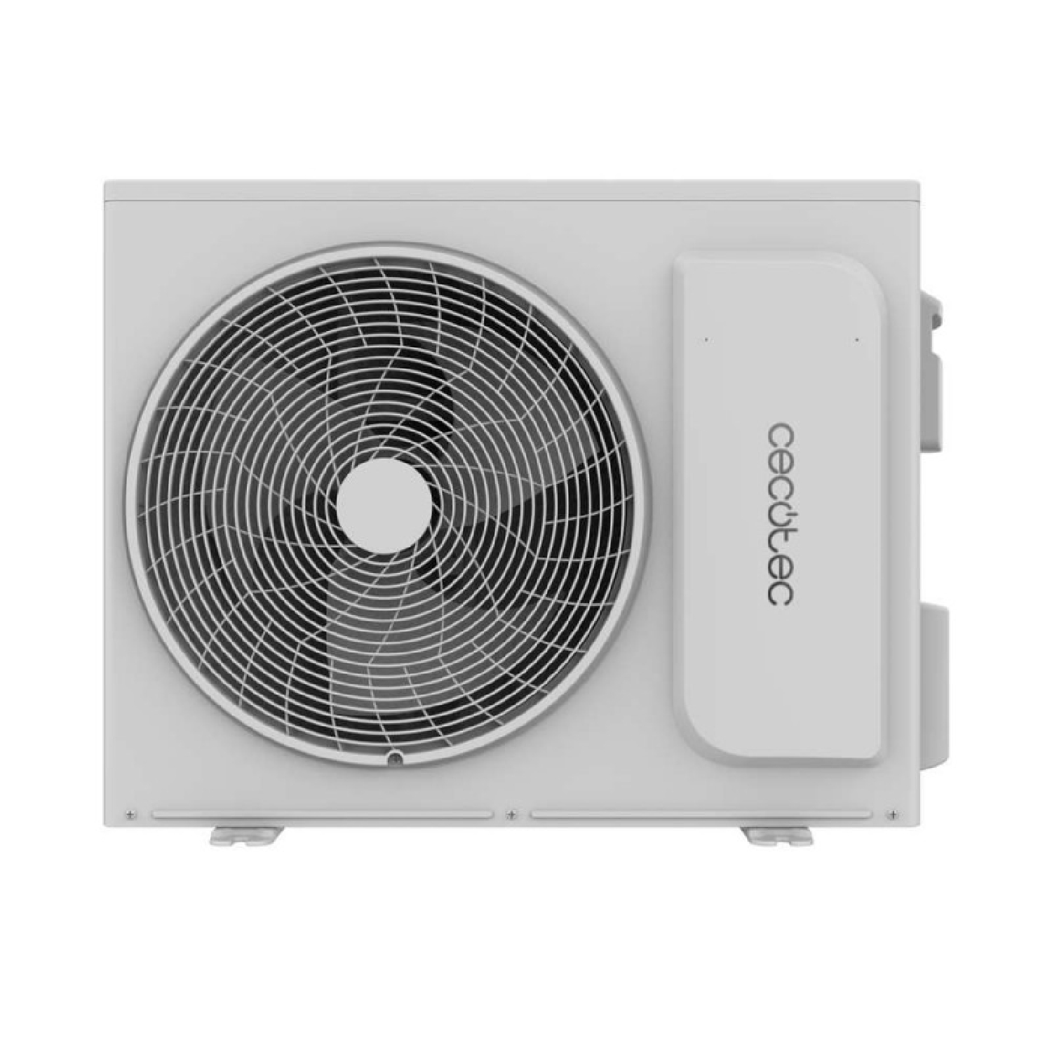Unidad exterior de aire acondicionado Cecotec blanca con una gran rejilla de ventilador circular.