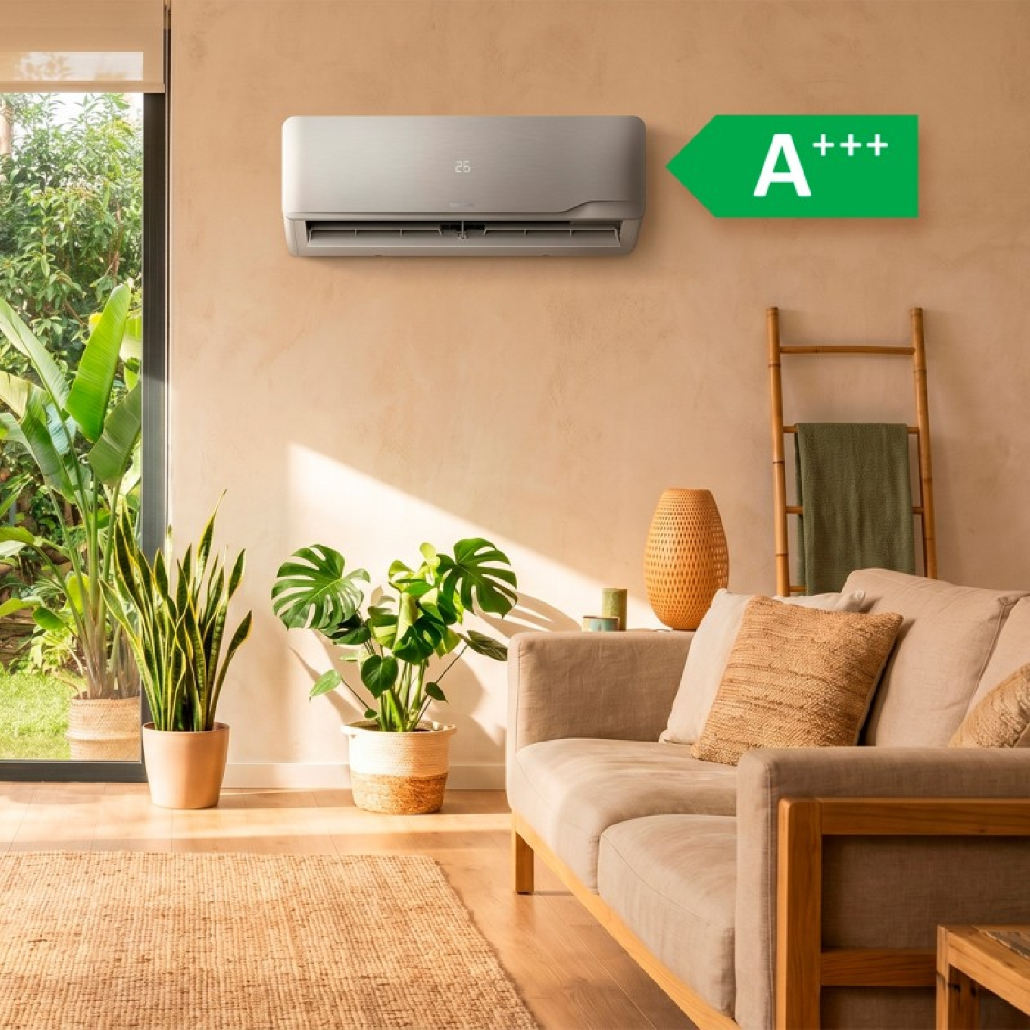 Un aire acondicionado plateado con etiqueta A+++ en una pared beige, en una sala soleada con plantas y sofá.