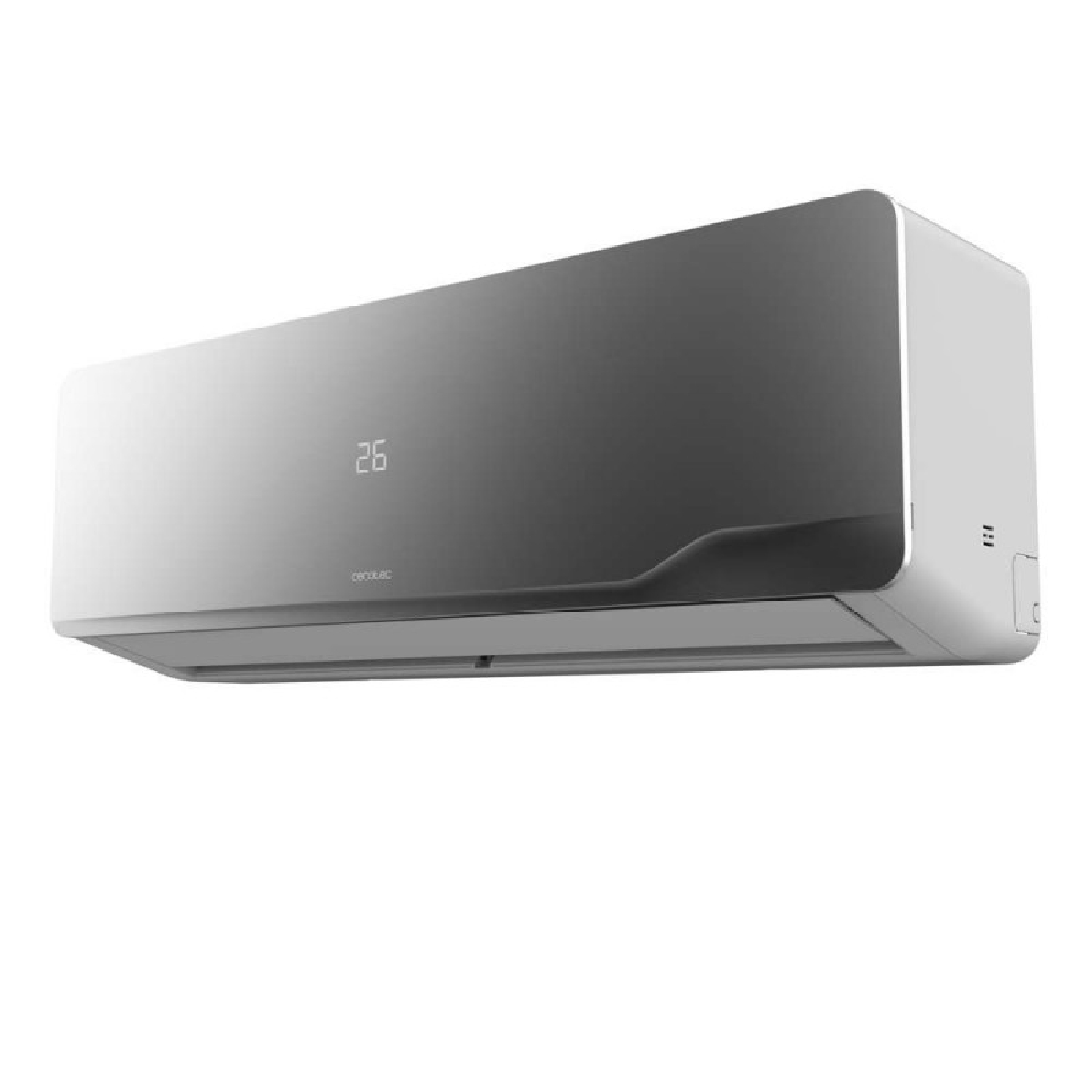 Un aire acondicionado de pared blanco y gris con pantalla digital que muestra 26 grados en una superficie brillante.