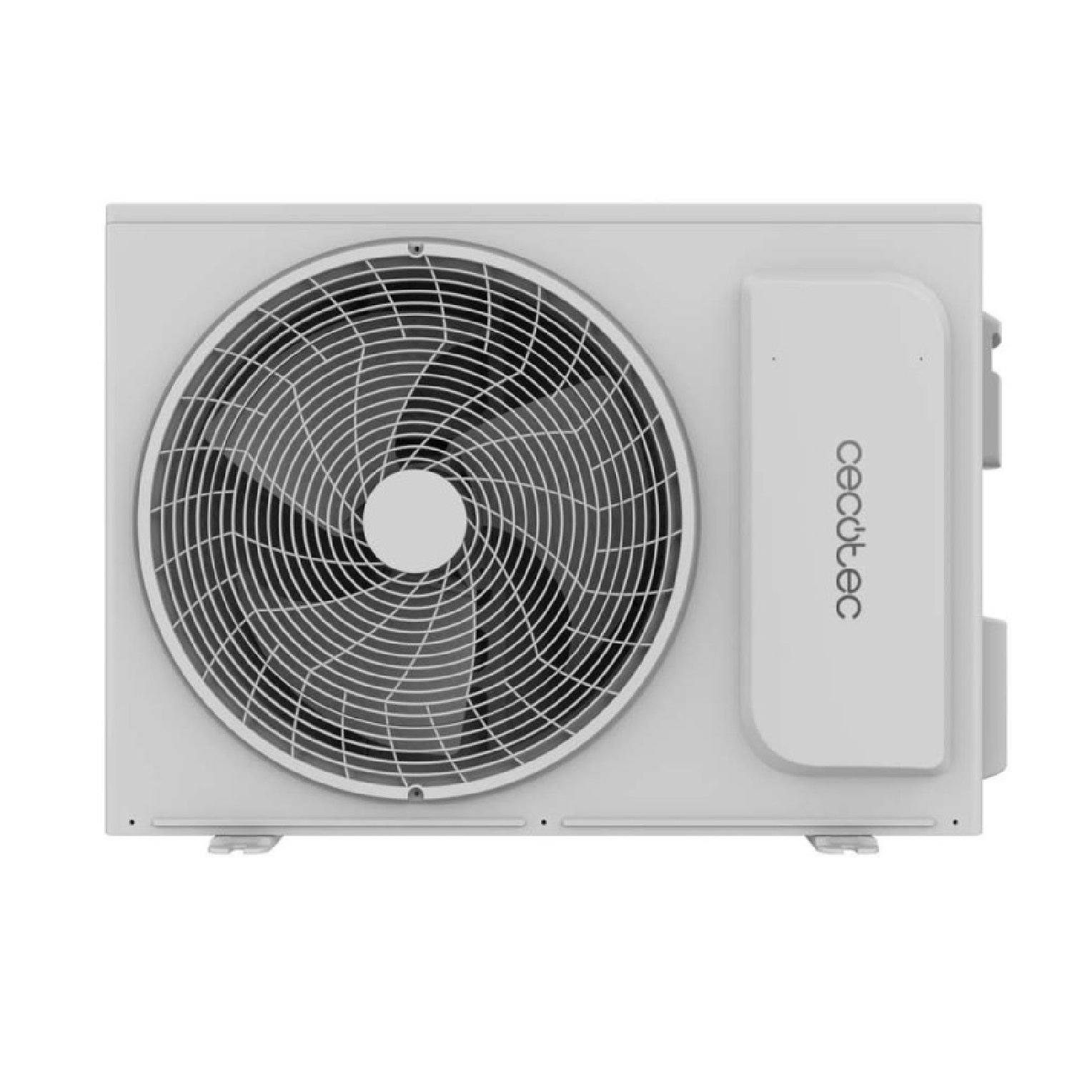 Una unidad exterior de aire acondicionado Cecotec blanca con rejilla circular grande a la izquierda.