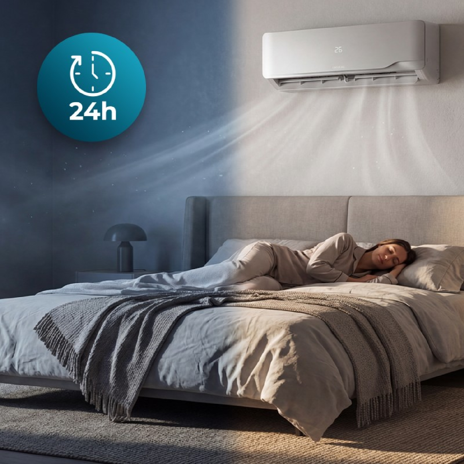 Una mujer duerme plácidamente en la cama mientras un aire acondicionado refresca la habitación.