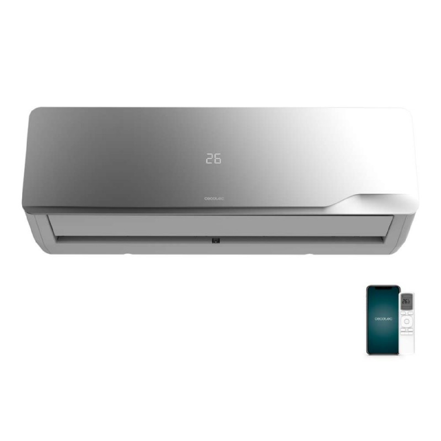 Moderno aire acondicionado gris con pantalla digital y pequeño smartphone con mando a distancia abajo a la derecha.