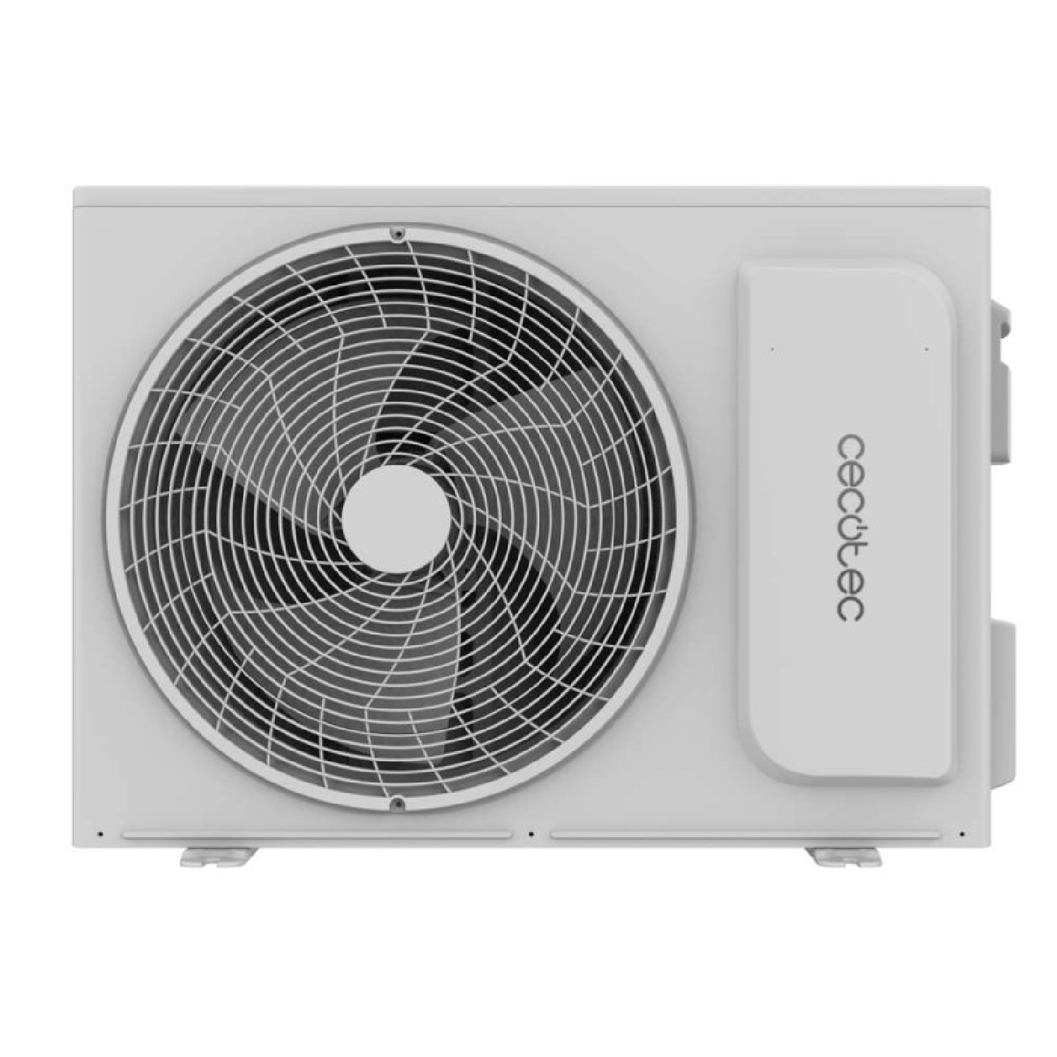 Una unidad exterior de aire acondicionado Cecotec blanca con rejilla frontal grande.