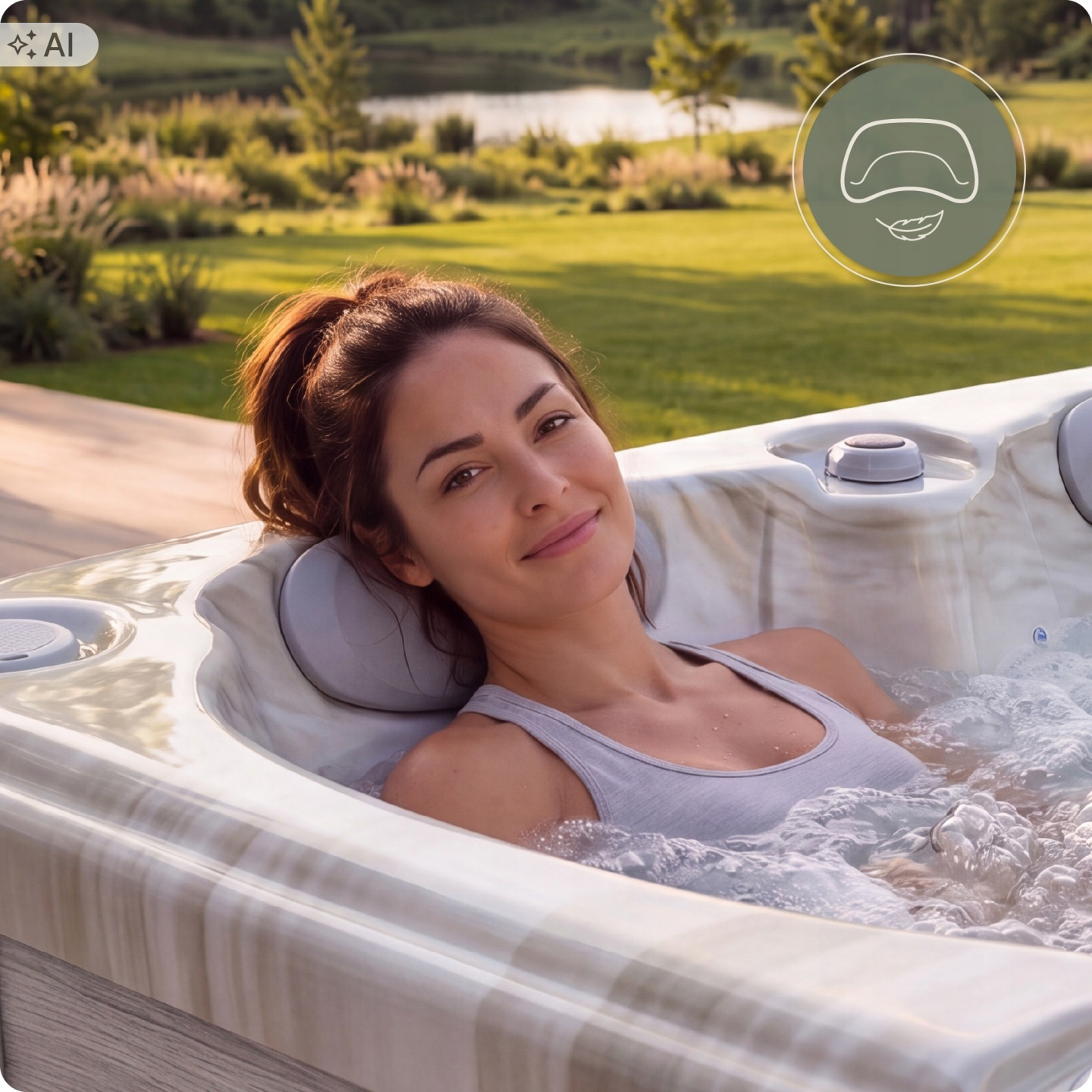Eine Frau entspannt in einem Whirlpool im Freien mit Blick auf grüne Wiesen.