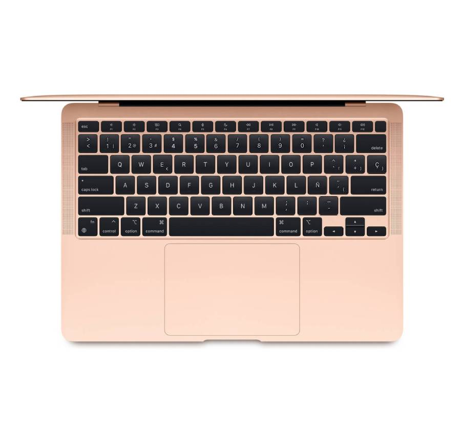 Una laptop de color oro rosa con teclado negro y trackpad central, vista desde arriba.