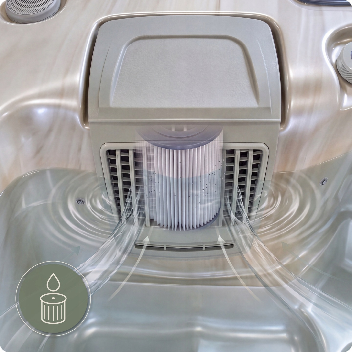 Whirlpool-Filtersystem mit Wasser, das durch das zylindrische Filterelement gezogen wird.