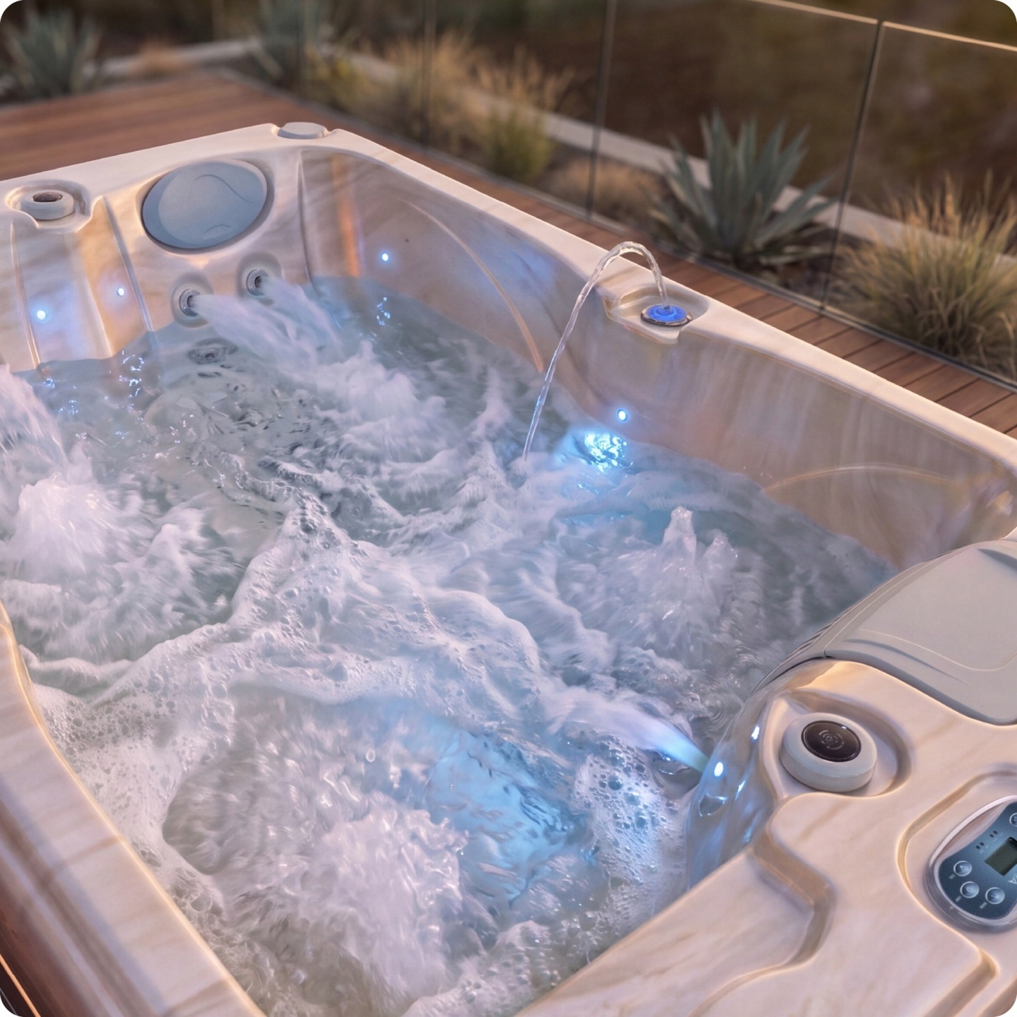 Ein beiger Whirlpool im Freien mit blubbernden Wasserdüsen und weichem blauen Licht auf einer Holzterrasse.