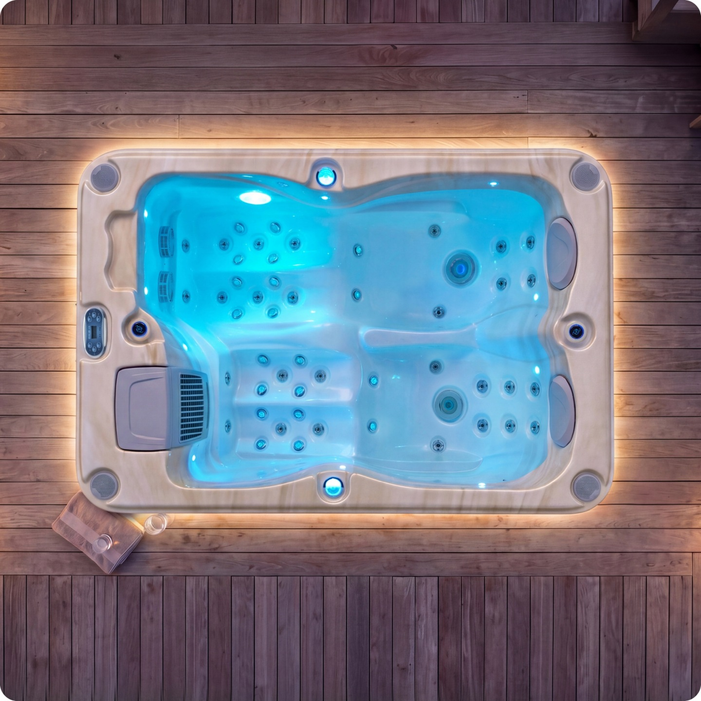 Top-Down-Ansicht eines Whirlpools mit blauem Licht auf Holzdeck mit Handtuch und Glas.