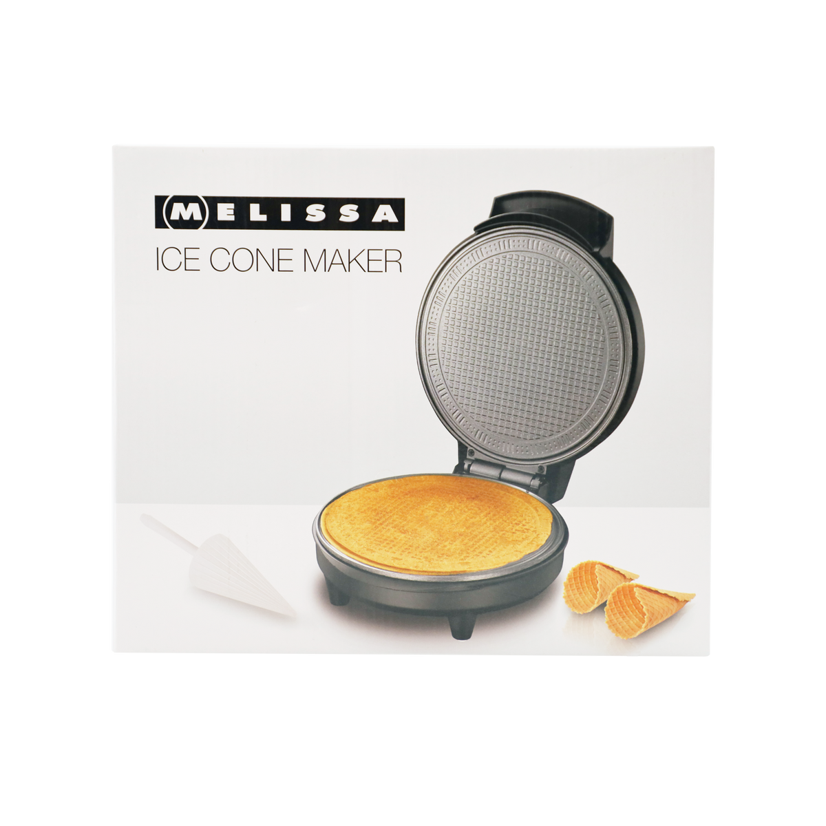 Melissa ice cone maker box showing an open waffle maker, a cone roller, and two finished waffle cones.